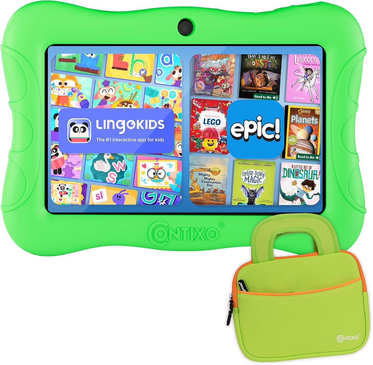 Contixo 7" Kids Tablet - V9 Android Tablet and Sleeve Bag Bundle with 14+ Academy Games and Educational Apps, 32GB, Dual Cameras, Parental Control, Perfect for Back to School, Green