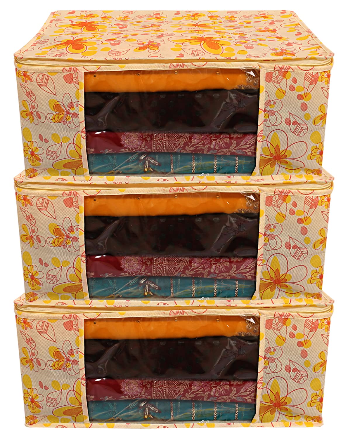 Kuber Industries Flower Design Non-woven Sarees, Clothes Cover/Organizer With Transparent Window- Pack of 3 (Yellow)-44KM0394 (B09JWL1LGK) Amazon Price History, Amazon Price Tracker