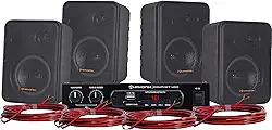 HAYONIK, Kit de Som Ambiente, 400W, Com 4 Caixas Pretas, 1 Amplificador e Cabos para Ligação, USB, Cartão SD, Entrada Auxiliar, Entrada P/Mic, Bluetooth, Rádio FM - AMBIENCE 4000 V2 PT