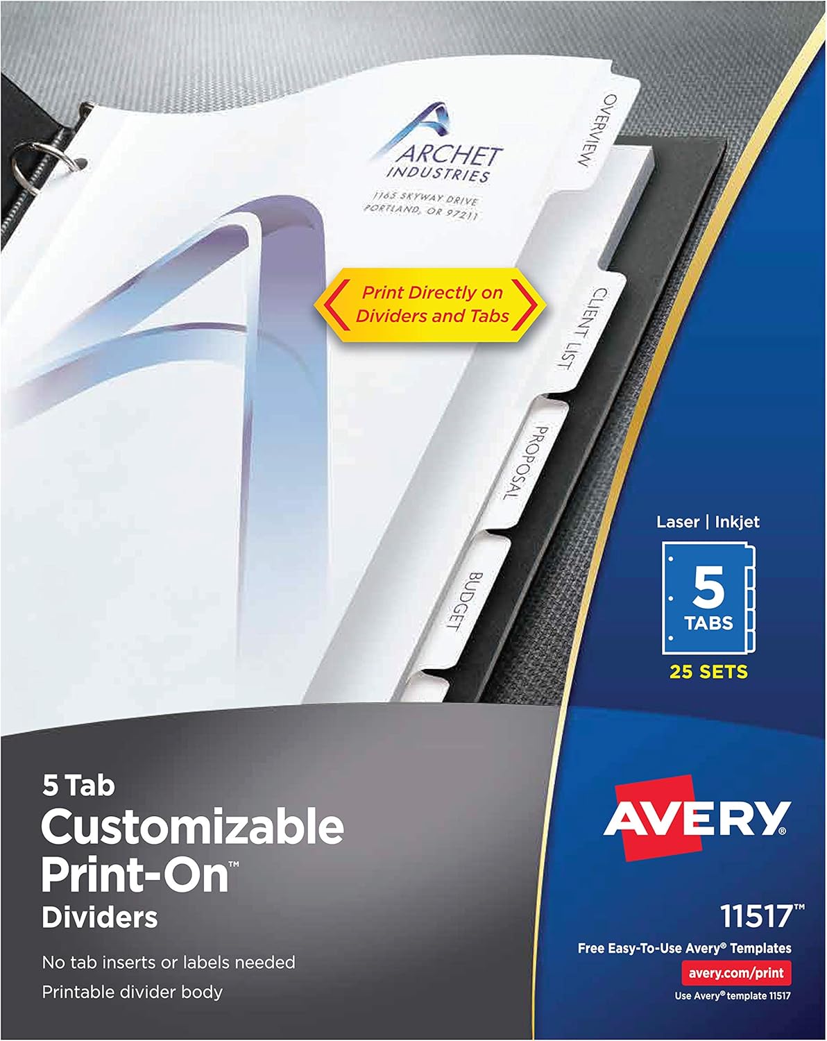 Avery 5-Tab Print-On Binder Dividers, White Tabs, 25 Sets (11517)