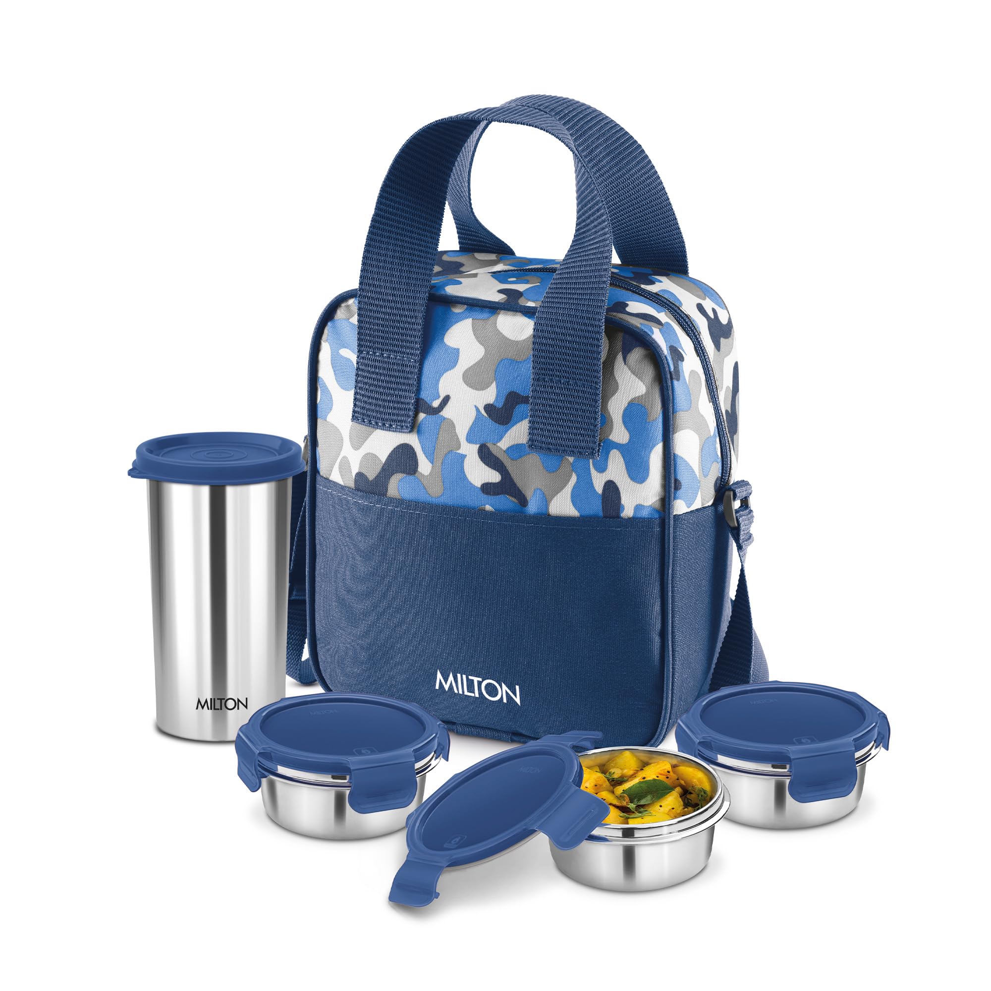 MILTON Camo Feast Stainless Steel Tiffin (3 Click Lock Round Containers, 300 ml Each; 1 Tumbler, 400 ml) with Insulated Jacket, Blue