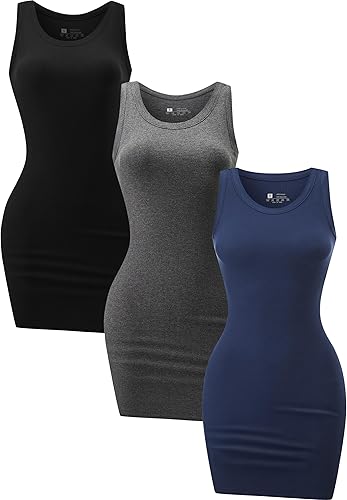 Vestido de verano de 3 piezas, acanalado, para mujer, sin mangas, con cuello redondo, vestido corto básico y ajustado