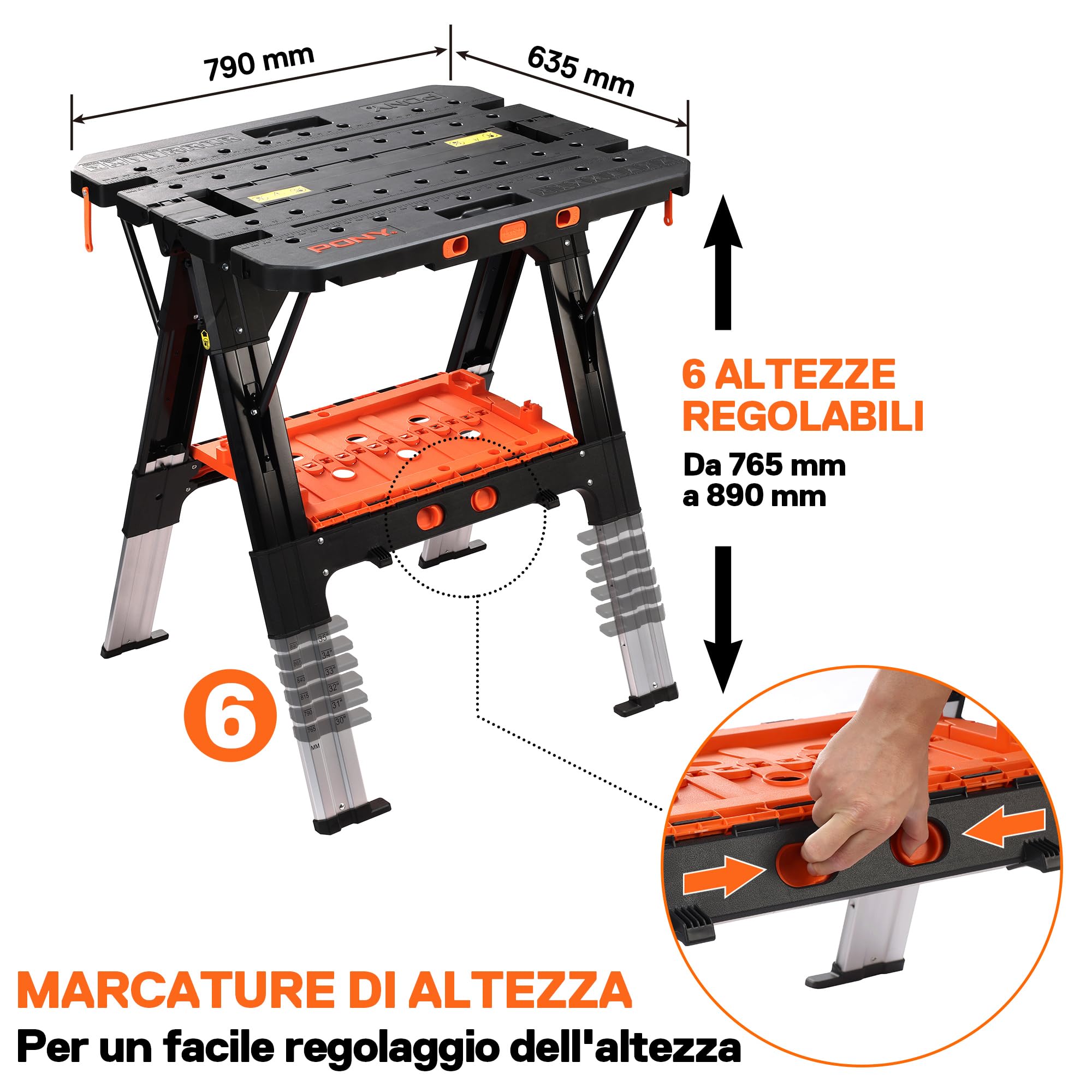 PONY Tavolo da lavoro 2 in 1 con 2 morsetti trigger