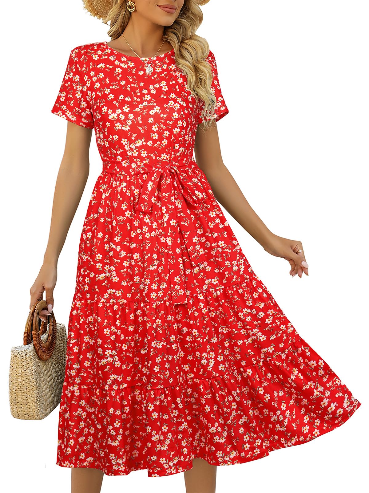 Lyrur Women's Summer Casual Short Sleeve Modest Teacher Church Midi Dress | Crew Neck, Tie Waist, Side Pockets, Flowy A-Line Fit for School Work Outfits for Educators, Office, Classroom and Daily Wear