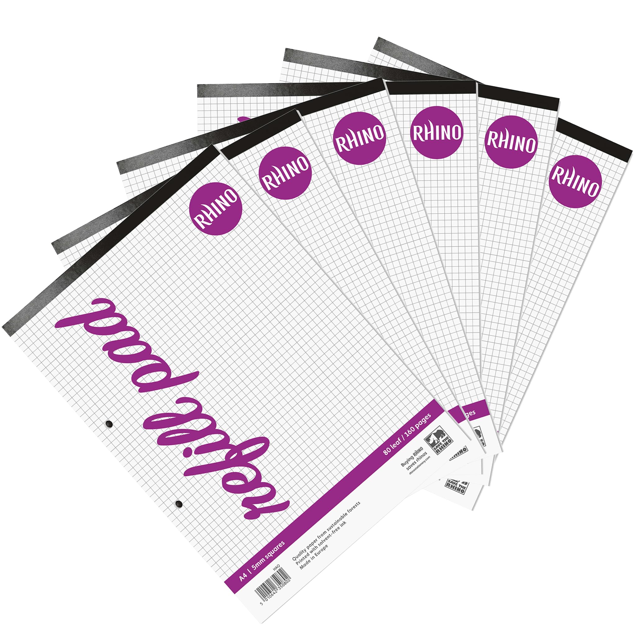RHINO A4 Refill Pad, Writing Pad, 160 Page / 5mm Squared, 6 Pack, White Hole Punched Top Binding Writing Paper