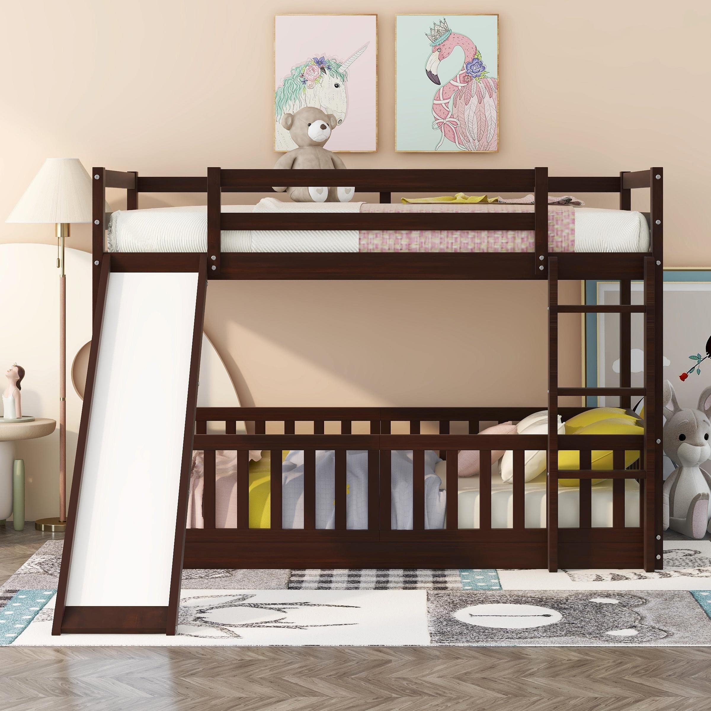 Low Bunk Beds Twin Over Twin with Slide, Kids Wood Bunk Beds with Fence, Twin Bunk Bed with Ladders and Safety Guard Rails for Kids, Toddlers, Teen, No Box Spring Needed (Espresso)