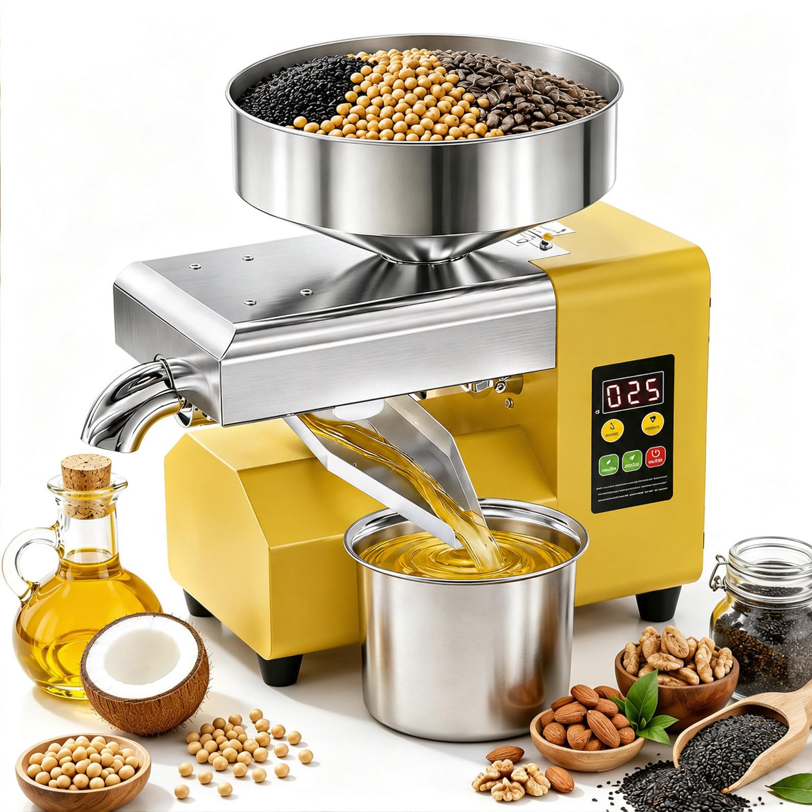 Prensa De Aceite 1500 W, Prensado Automático En Frío Y Caliente | Prensado En Frío Y Caliente, Control De Un Toque Y Engranajes De Acero Para Producción Continua En Pequeños Lotes