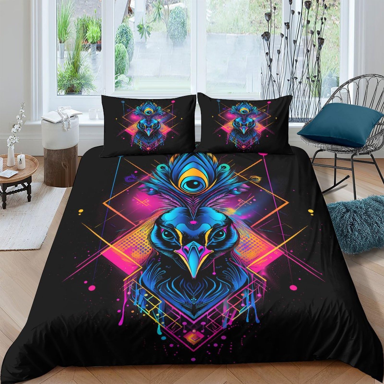 Ctjqhvkz Style-10 3D Printed Neon Owl Fitted Sheet Microfiber Soft Black Psychedelic Eye Mattress Cover For Bedroom Dorm Decor Single（135X200cm）