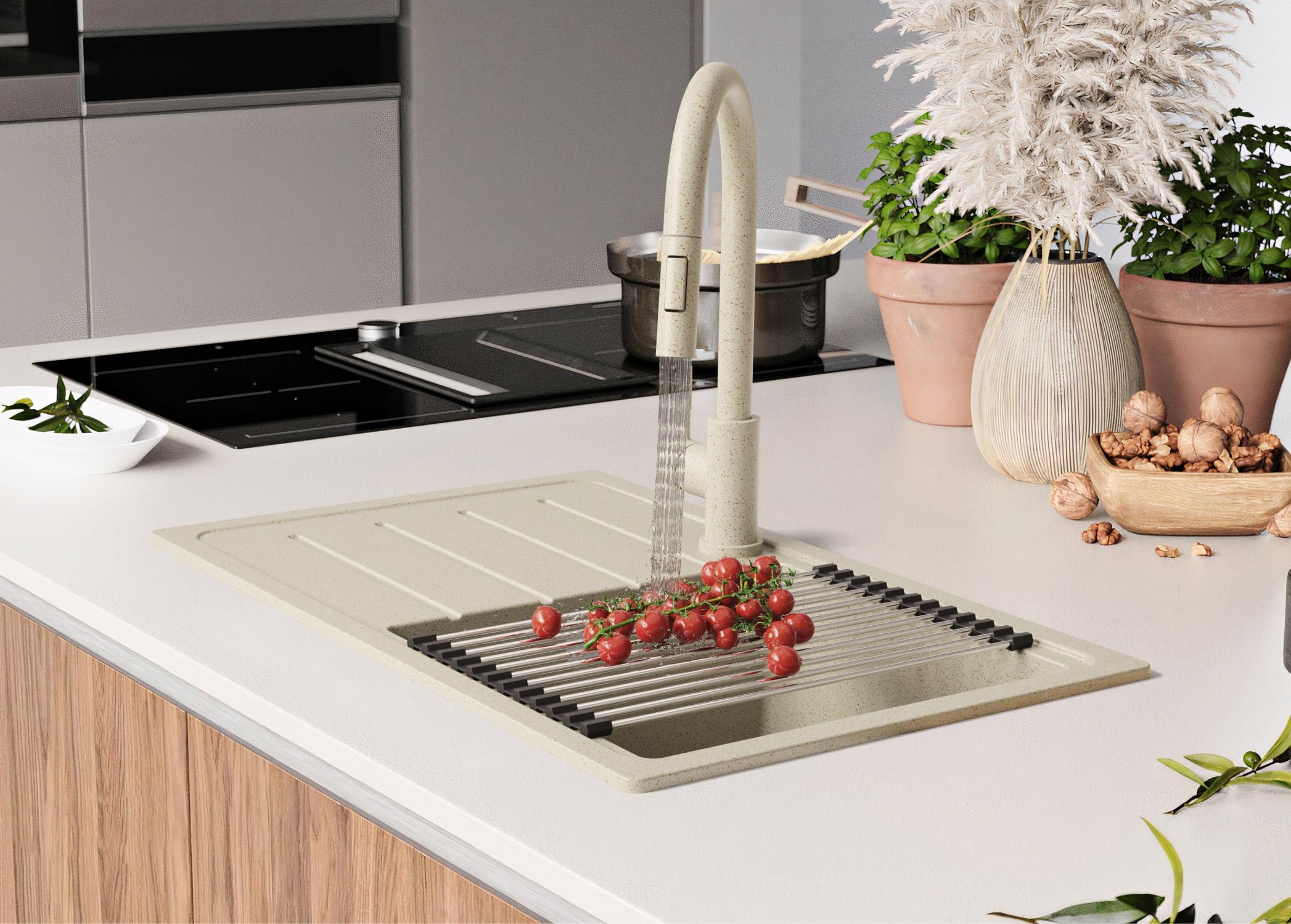 PRIMAGRAN Evier Cuisine en Granit Tout Beige 70x44cm, Lavabo 1 bac + Robinet 32x20cm + Kit de Vidage, Évier à Encastrer au Meuble 45cm - Copenhague Easy S052