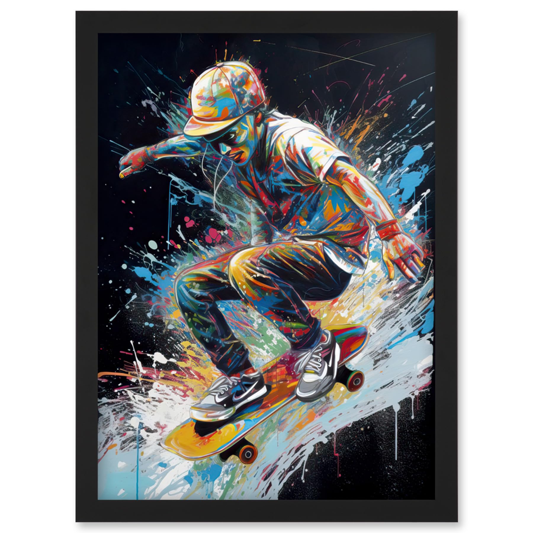 Artery8 Skateboarder Skating Multicoloured Splat Paint Artwork Framed Wall Art Print A4