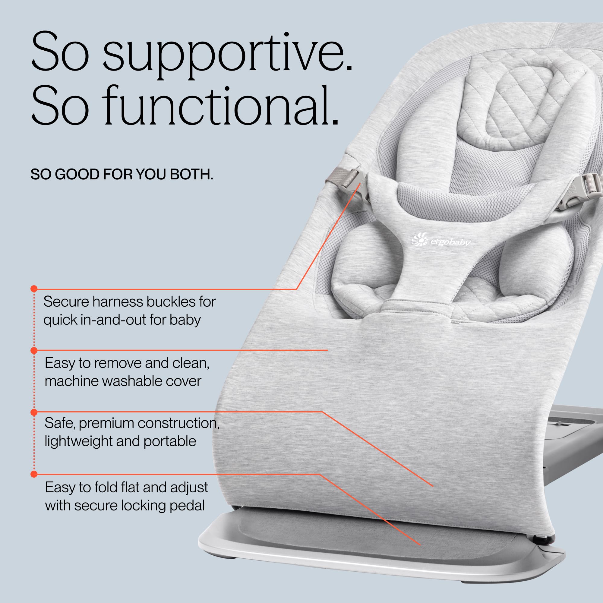 Ergobaby Evolve 3-in-1 Bouncer Seat for Babies and Toddlers 5.5-25lbs - Multi Position Baby Rocker Seat with Adjustable Heights, Secure Harness, Newborn Insert - Light Grey - 5