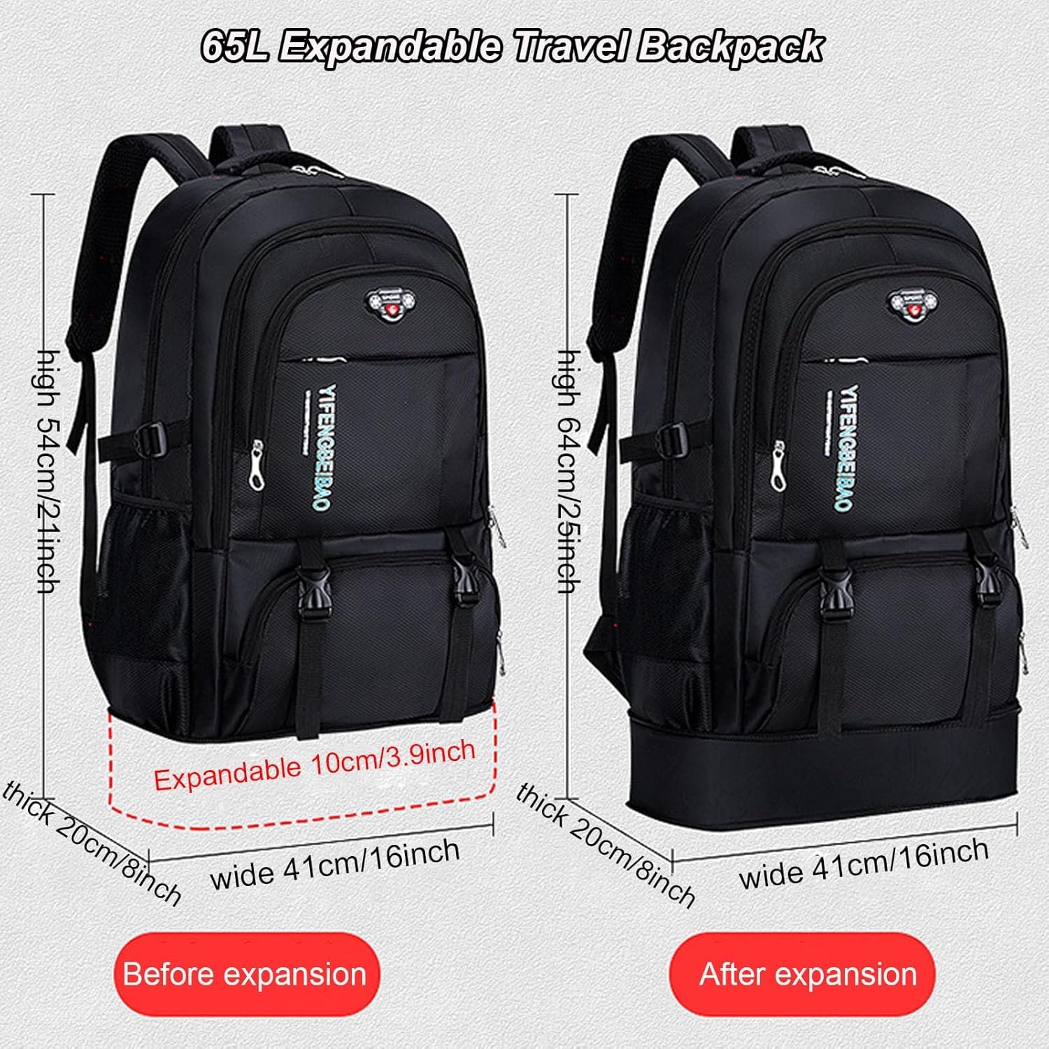 Large 65L Expandable Travel Backpack for Men/Women,Carry on Backpack Personal Item Travel Bag Waterproof Laptop Backpack (Black) - Image 2