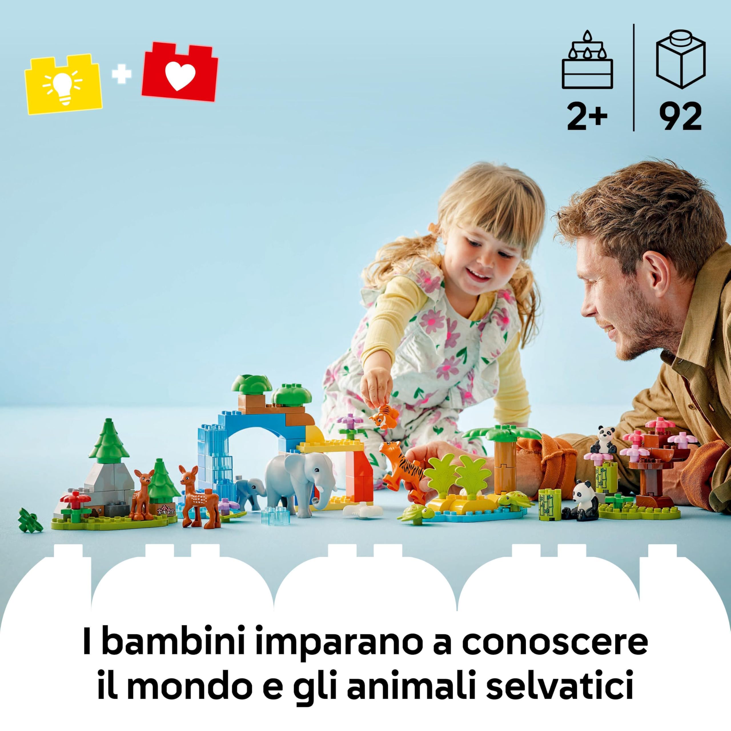 LEGO DUPLO Famiglie di Animali 3 in 1 - Gioco Didattico per Bambini e Bambine dai 2 Anni in su - Include figure di Tartaruga Giocattolo, Tigre, Elefante, Cervo e Panda con Habitat Costruibile - 10446