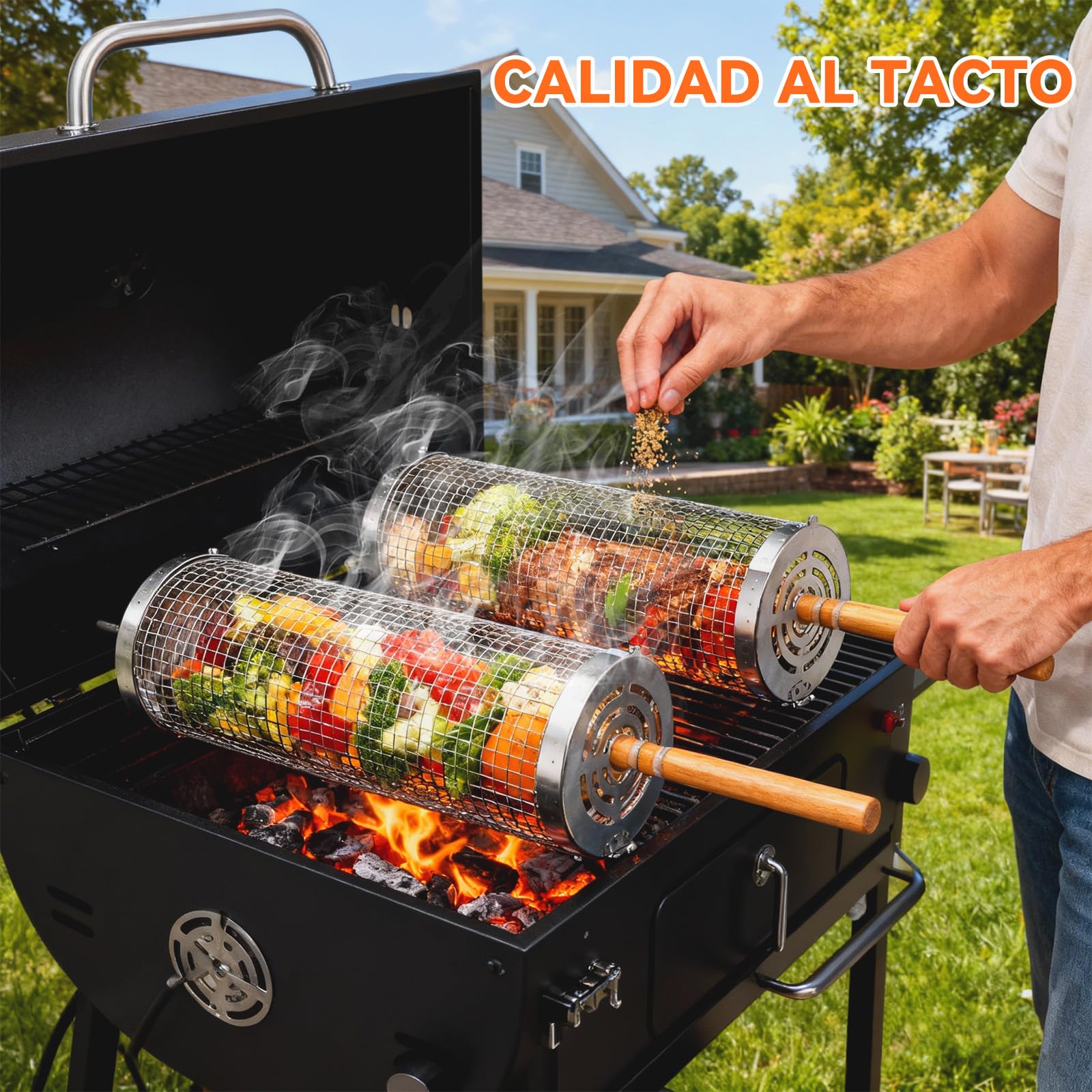Juego de Cestas de Parrilla de Acero Inoxidable con Mango de Madera - 2 Cestas de Barbacoa Giratorias y Plegables, 31x10cm + 30x9cm, para Verduras, Carne, Pescado en Parrilla y Fogata - 4