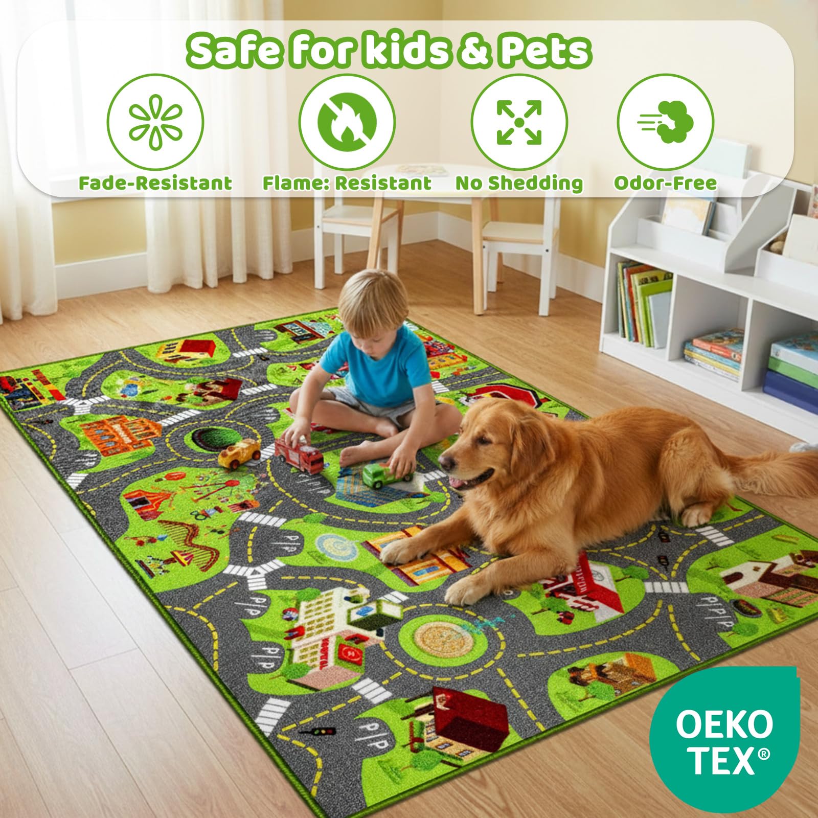 Spielteppich Kinder – Autoteppich mit Straßenmotiv, rutschfeste Spielmatte für Autos & Lastwagen, Kinderteppich für Spielzimmer, Schlafzimmer, Straßenteppich für Jun (Straßenszene, 200X120 CM)