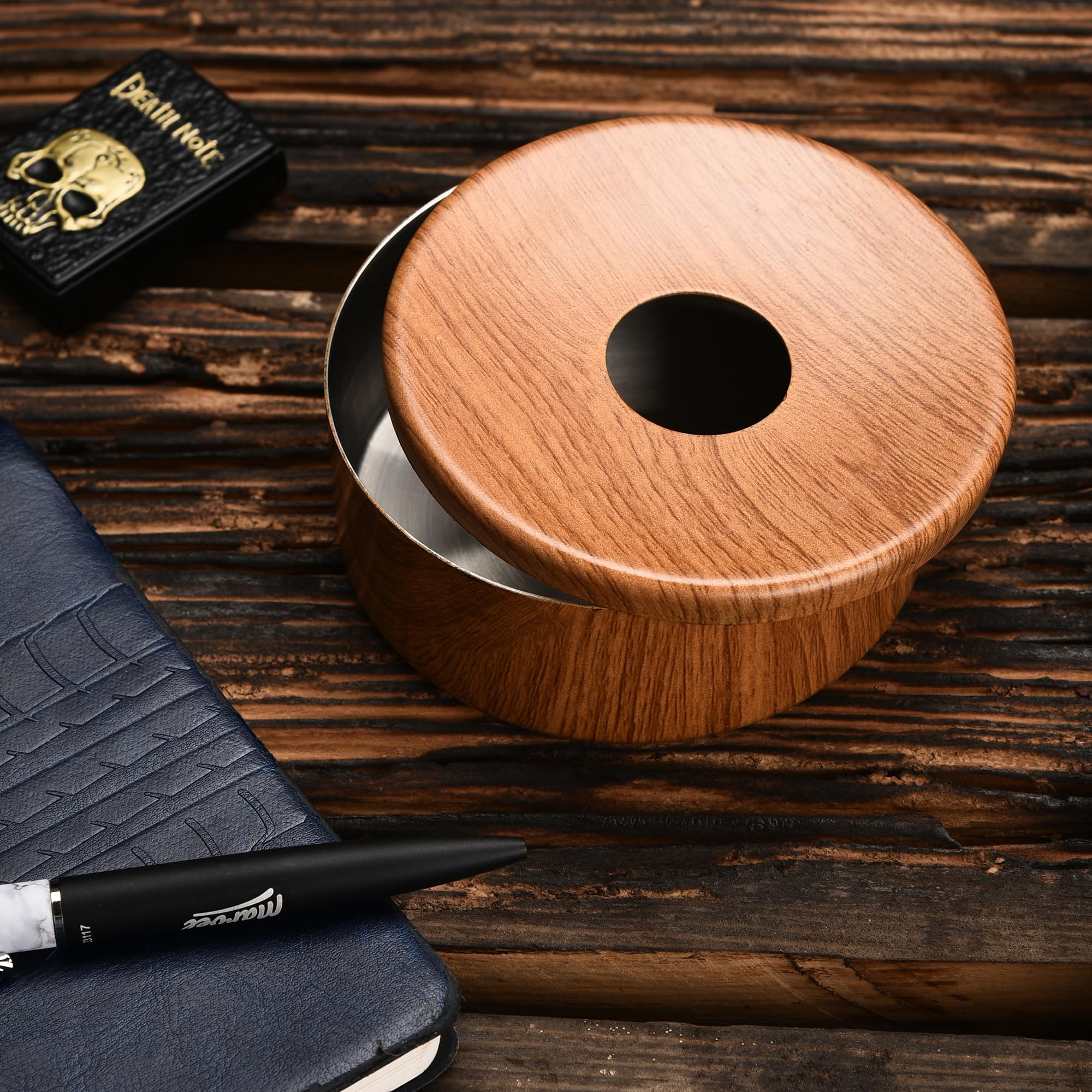 FnS Matto Wooden Finish Steel Ashtray with Lid, Ash Trays For Home, Ashtray For Home, Car Ashtray, New Steel Ashtray with Lid-image-3