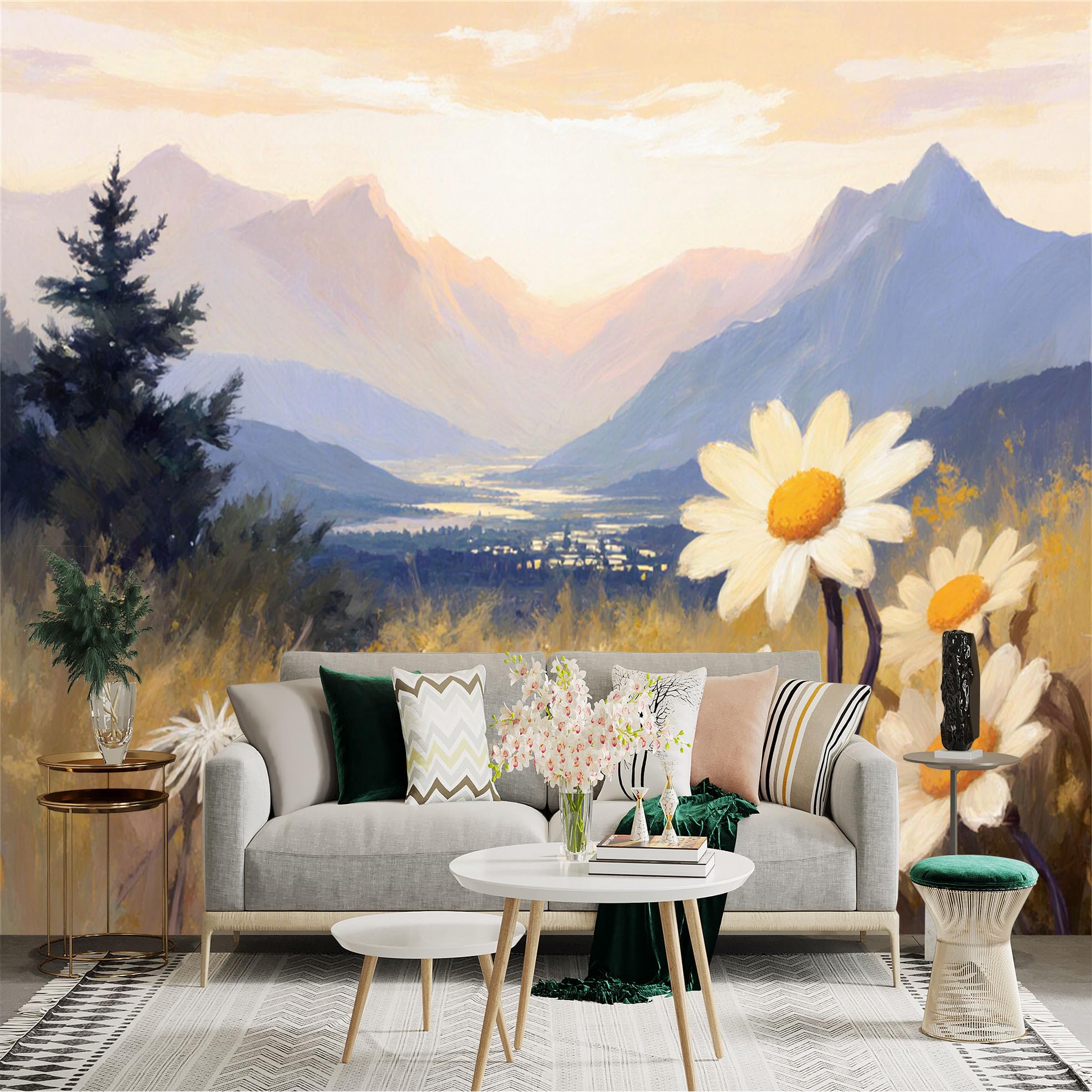 Lnzczhyre Xc260505456 Custom Size Wall Sticker Mural， Wildflower Meadow Landscape， Rolling Hills And Mountain View， Sunlit Floral Scenery， For Wall Decoration， Peelandstick Wall Decals.