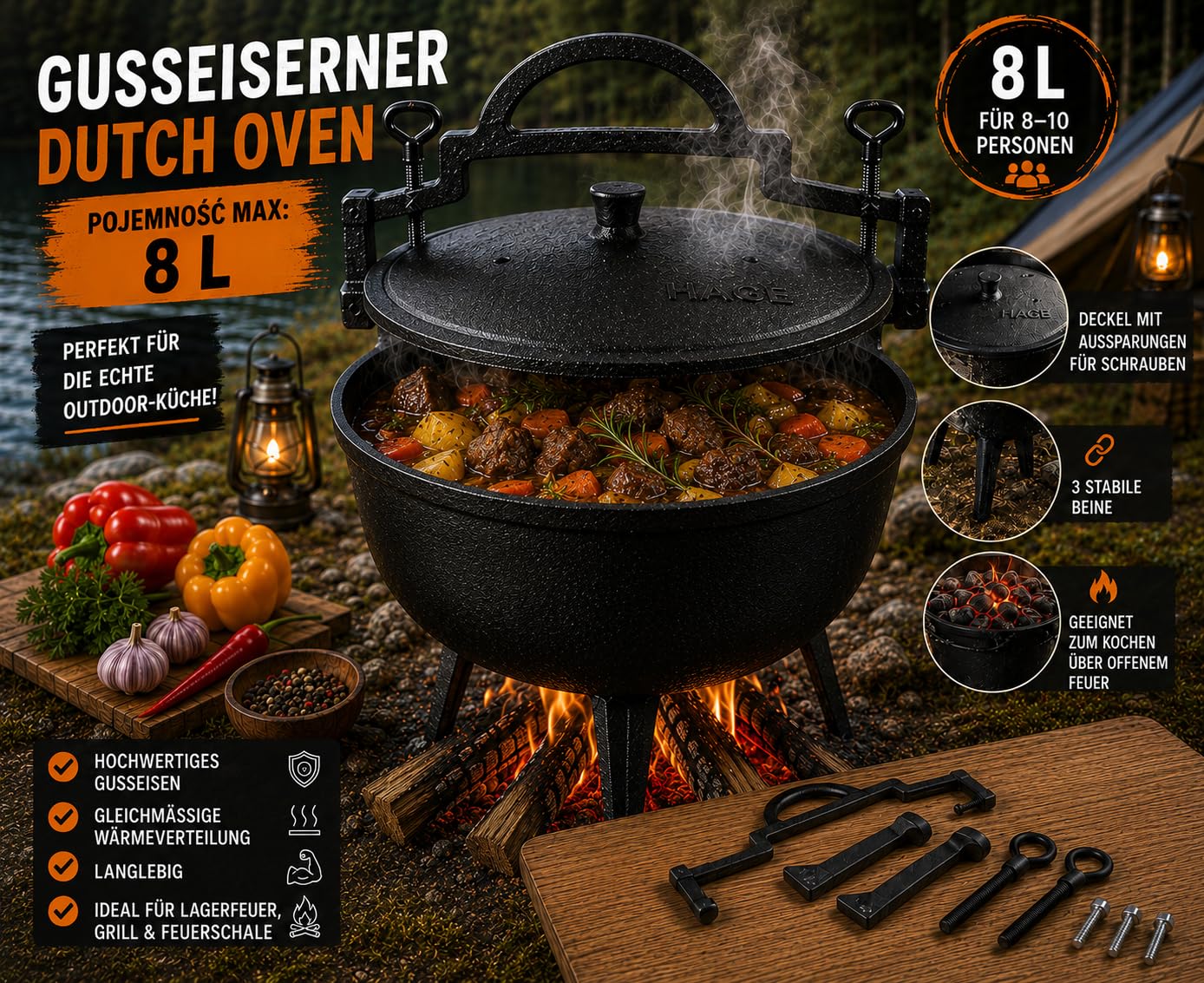 HAGE Pentola per gulasch in ghisa da 8 l, con coperchio e piedini, per falò, barbecue, campeggio, gulasch ungherese, stufato, zuppa, carne e barbecue