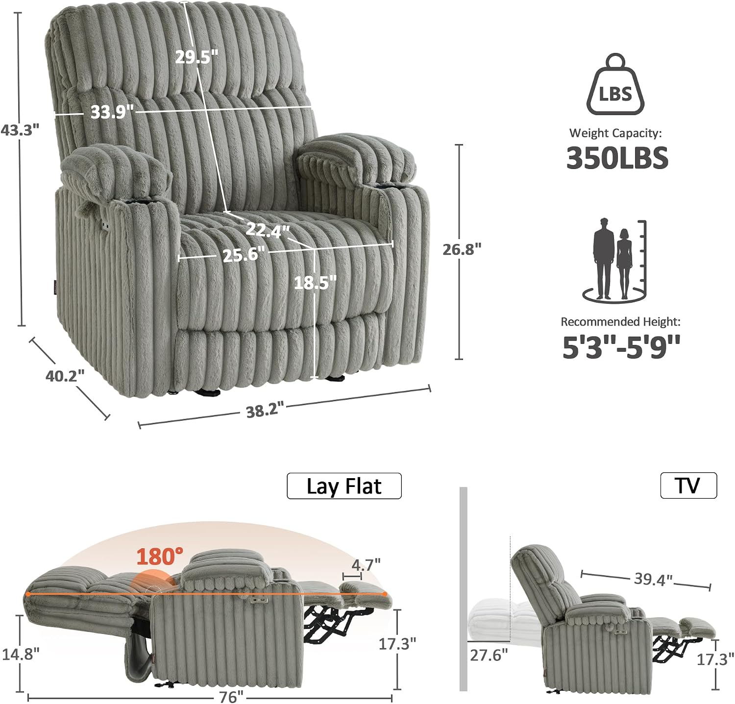 MCombo 180° Lay Flat Power Lift Recliner Chair for Elderly, Dual Motor Lift Chair with Full-Body Heating for Sleeping, Extra Wide Seat,Imitation Rabbit Fur R7123 (Light Grey)
