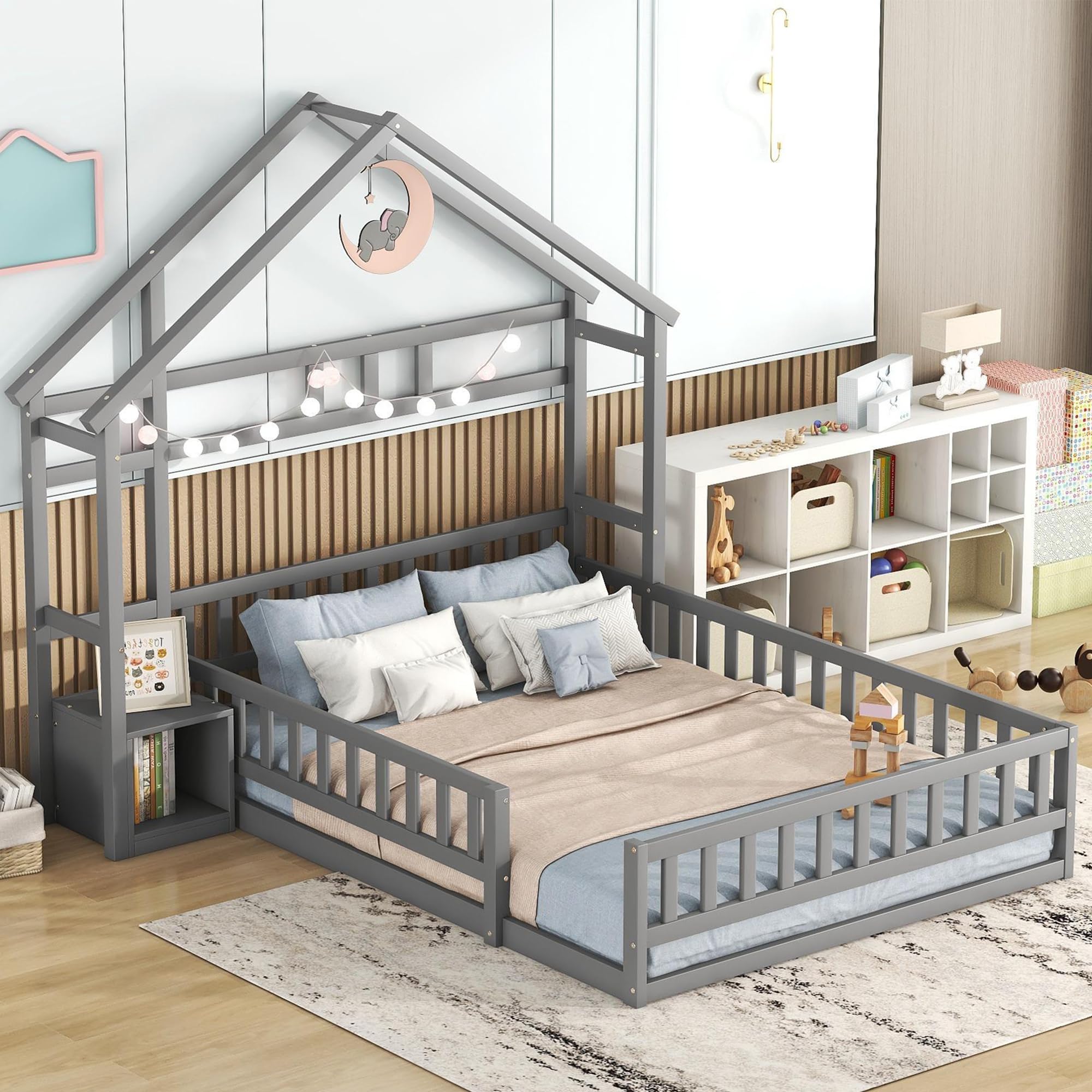 Dolamaní Bodenbett 140x200 cm Kinder mit Rausfallschutz -Montessori Kinderbett für Jungen & Mädchen, mit Nachttisch & Dekorative Haushalterung (Grau)