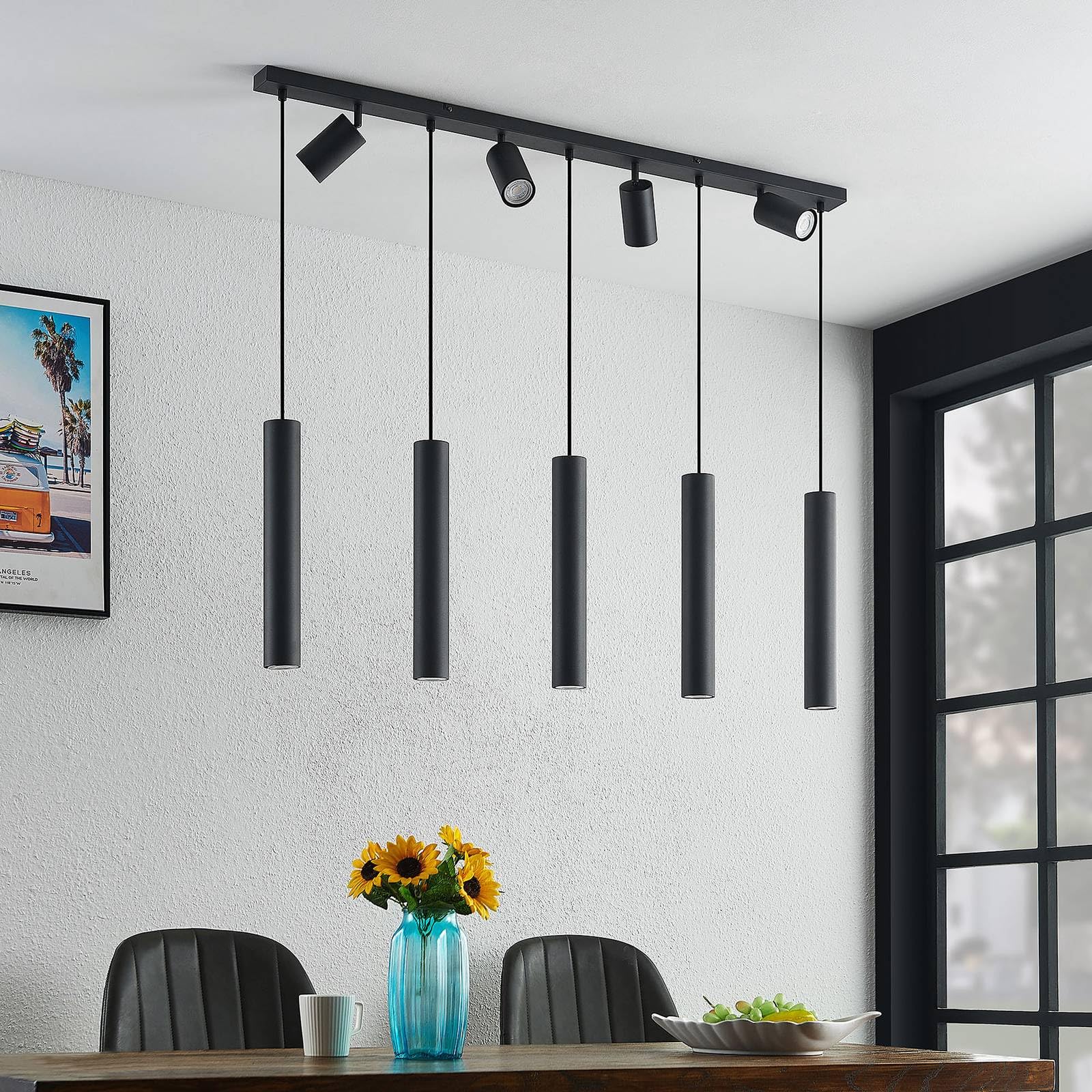 Lindby Lampada a Sospensione 9 Luci Nera 116 cm, Lampadario con Faretti Orientabili e Pendenti Cilindrici GU10 Moderne Lampade Sospese per Cucina Sala da Pranzo Soggiorno
