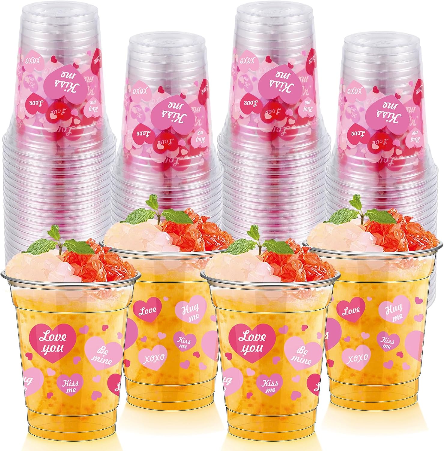 50 Pcs Valentine's Day Heart Plastic Cups Bulk 12 oz Valentines Conversation Clear Disposable Cup Love Heart for Juice Coffee Drink Wedding Birthday Party Supplies