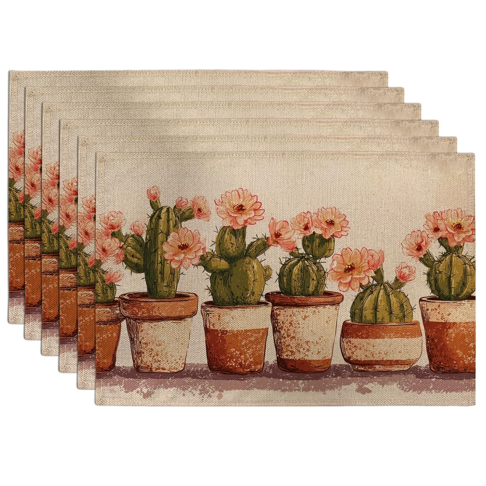 Cactus Flower Placemats, Peach Desert Botanical Place mats for Dining Table, Non-Slip Washable Indoor Outdoor Party Decorative Placemat Set of 6