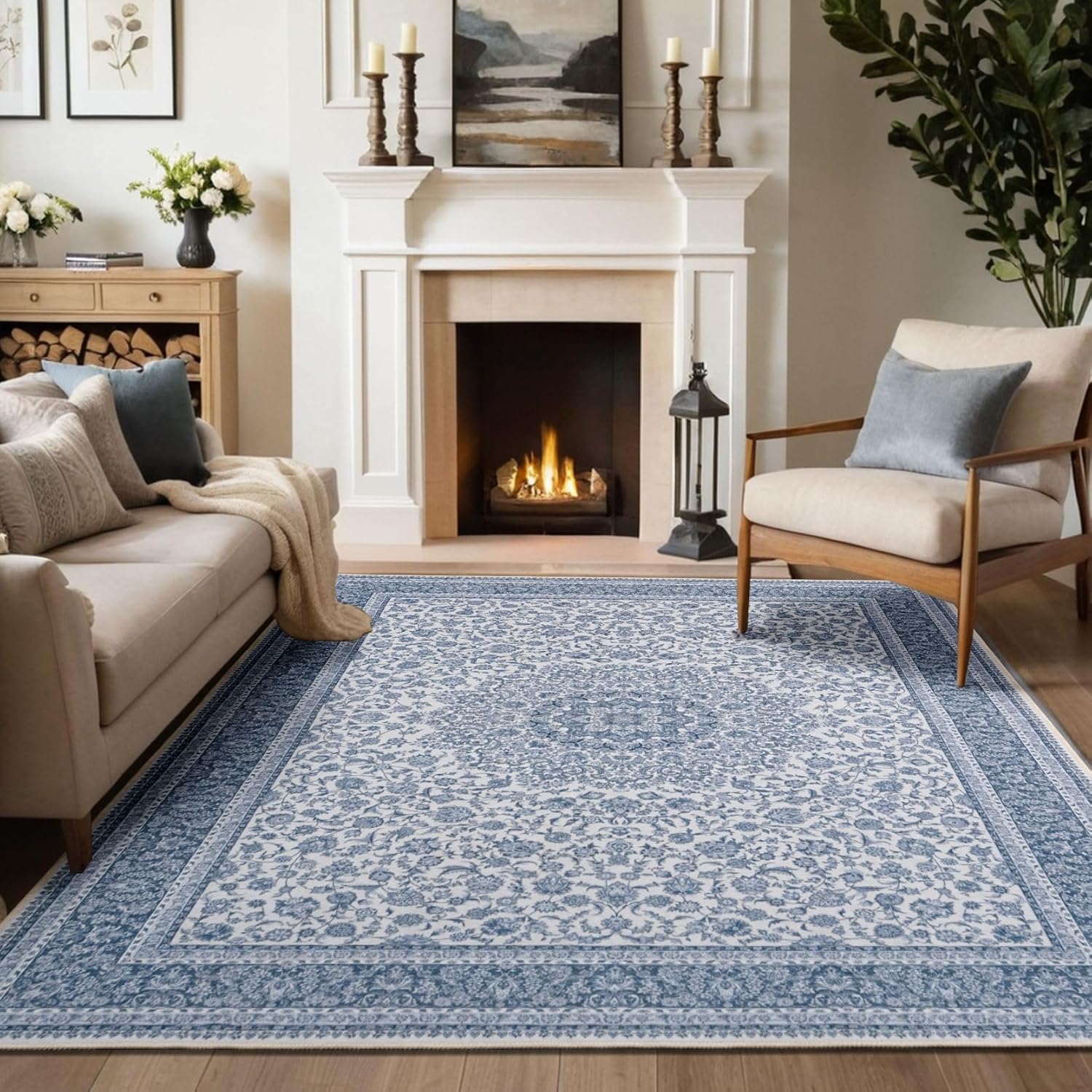 Floral Machine Washable Area Rug 8x10, Spill-Proof Surface, Non-Slip Backing, Cozy Soft Faux Wool, Printed Living Room Rugs, Bedroom Rugs, Dining Room Rugs - Ieve Ieve 8'x10'