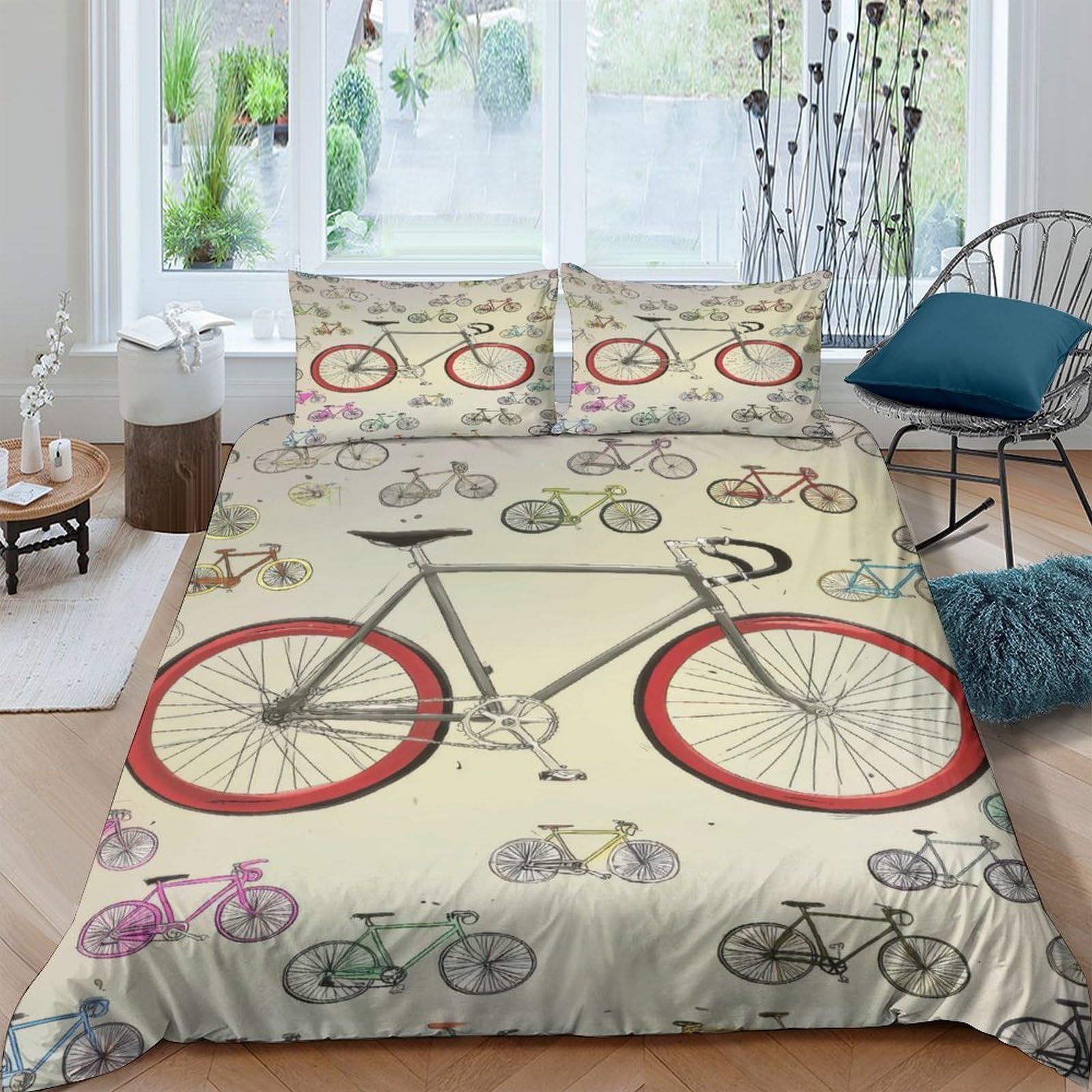 XFKLYNVCJ 3D Printed Bicycle illust Duvet Cover Polyester Colorful doodle Comforter Cover Hypoallergenic Durable Couples Home Bedding Use Single（135x200cm）