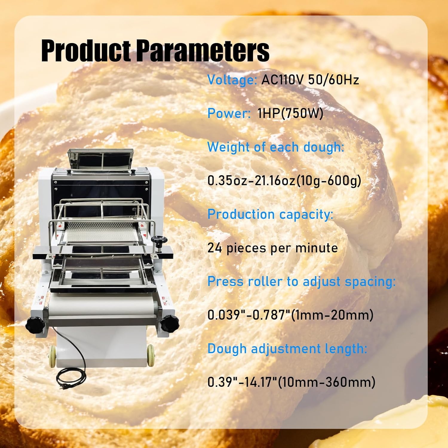 110V Dough Toast Bread Commercial Automatic Shaping Machine Bread Forming Adjustable Baguette Molder 750W