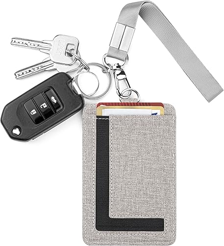 Llavero pequeño para mujer, cartera delgada con cordón, tarjetero para tarjetas de identificación, cartera con llavero desmontable, A-gris,