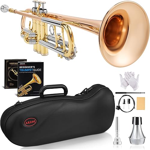 AKLOT Tri-Metallic Artistry Bb Trumpet: Phosphor Bronze Bell, Smooth Monel Valves, Double-Bar Support System, Includes Premium Leather Case, Lesson Book, 7C Mouthpiece, Mute, Cleaning Kit (SNR-PriFTG)