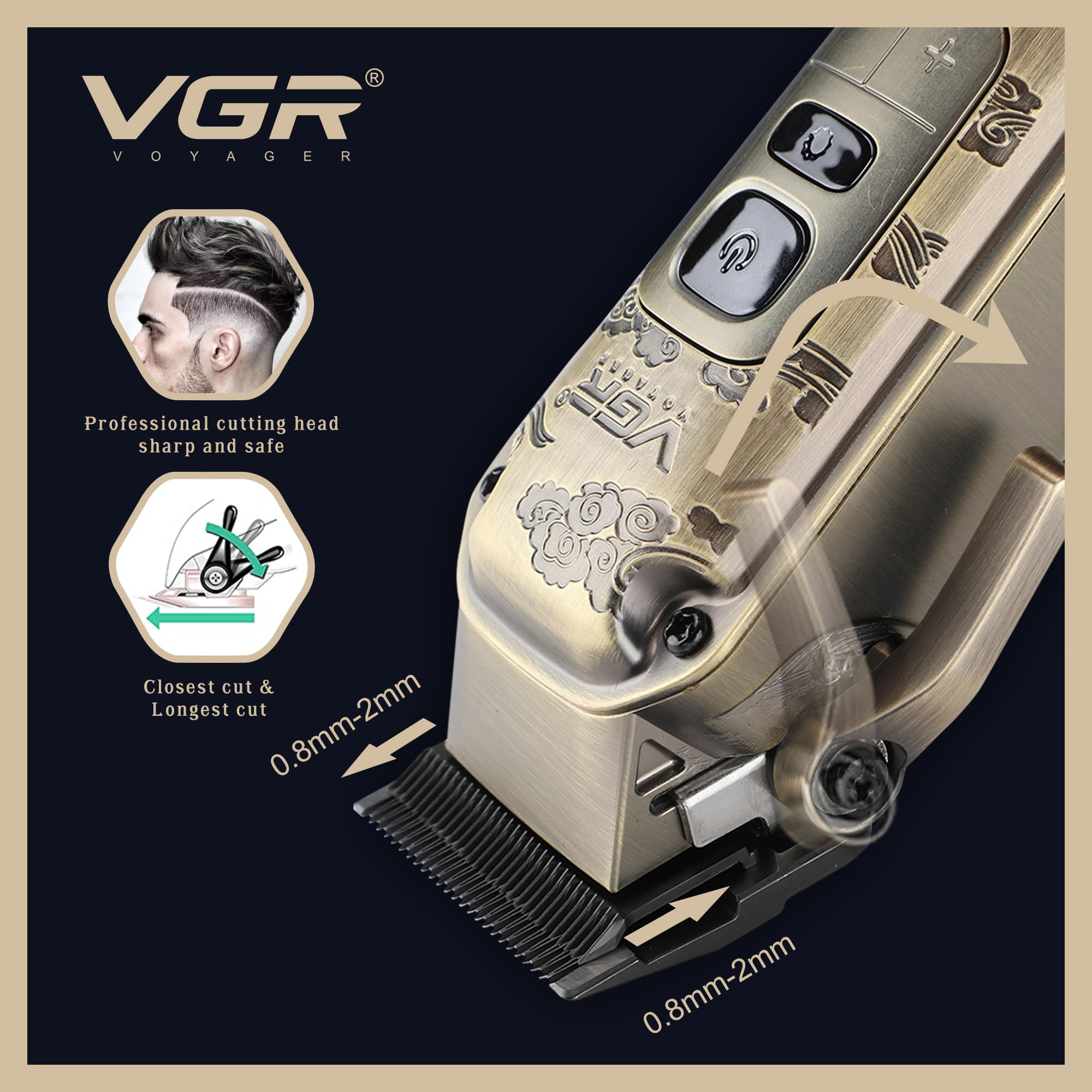 VGR Cortapelos para hombre inalámbrico con palanca cónica, kit de corte de pelo profesional eléctrico para corte de pelo de cabeza con cuchillas de cerámica, 7000 rpm, recargable a través de batería