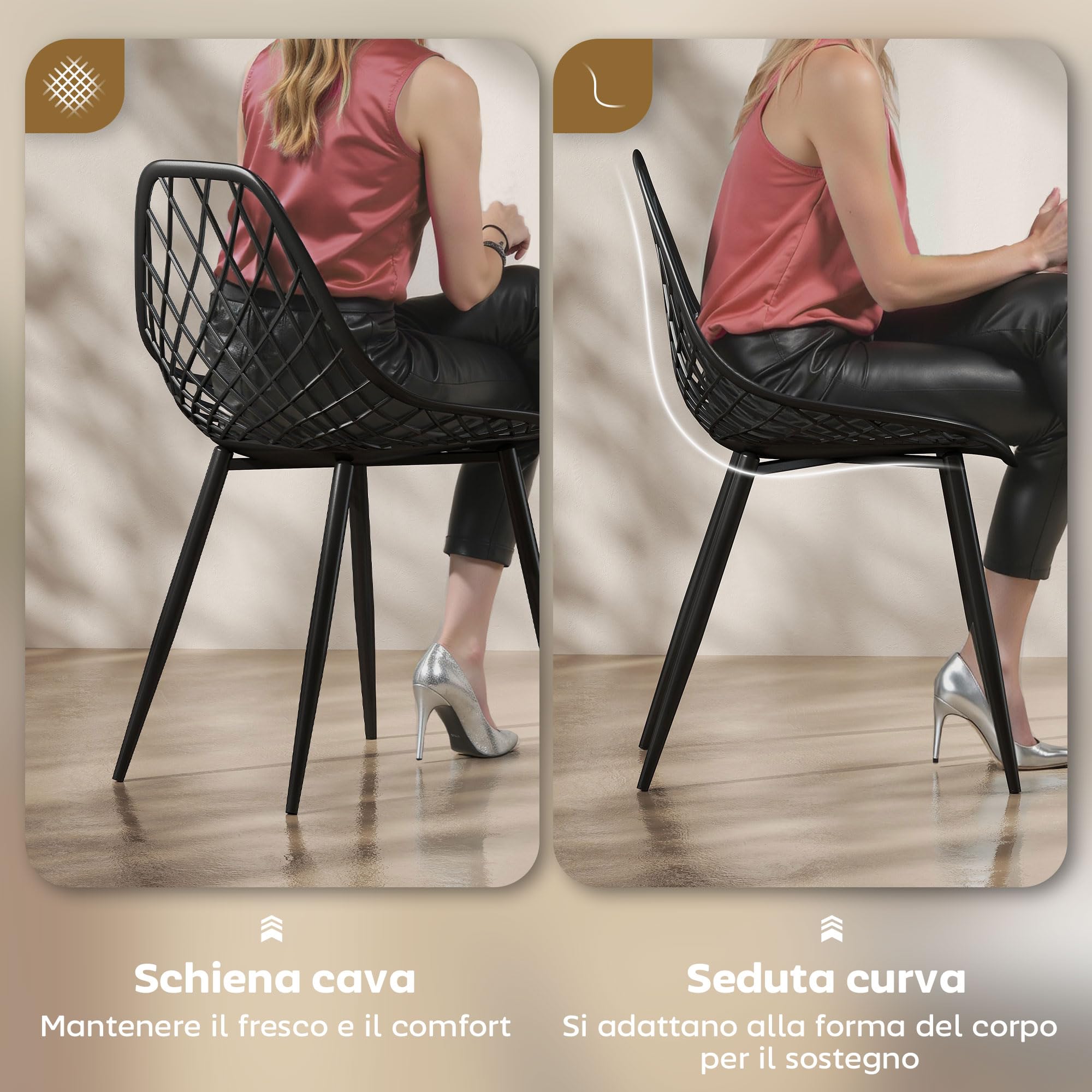 HOMCOM Set di 4 Sedie Sala da Pranzo con Schienale Curvo e Traforato Nero | Sedie Cucina Moderne, Gambe Metallo, Plastica, Cucina Camera Letto Soggiorno