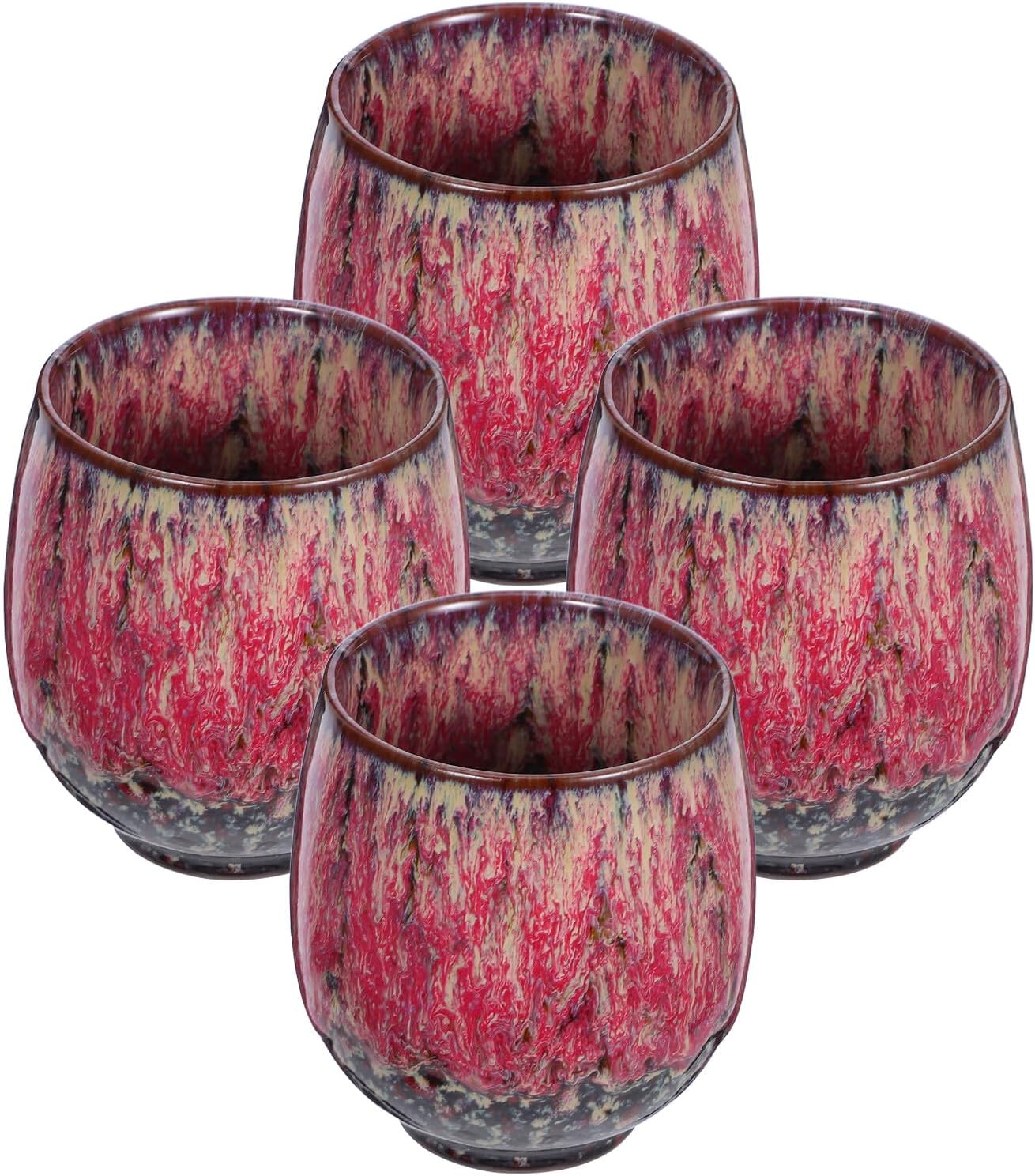 POPETPOP 4pcs Traditional Chinese Ceramic Kung Fu Teacup Set Porcelain Asian Tea Cups for Espresso Coffee Cappuccino Macchiato, Red Vintage Small Tea Cups for Home and Party