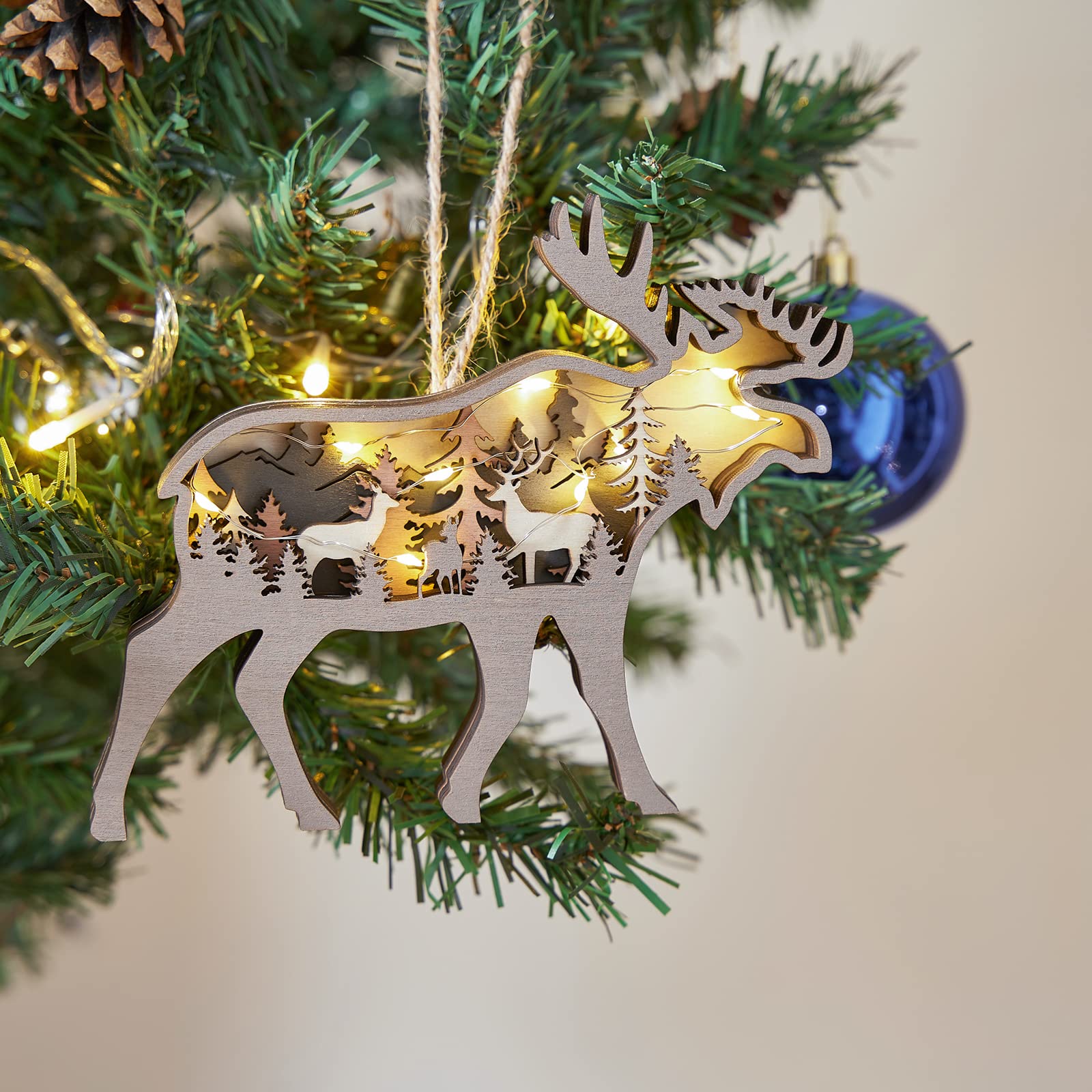 Décoration Murale Cerf Et Sapins En Métal - Support En Bambou - 30x16 Cm - Style Vintage Hiver/Noël