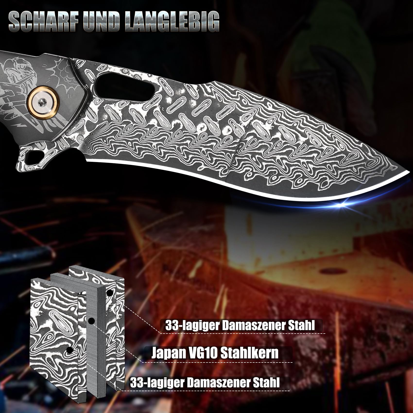 Handgefertigtes Klappmesser aus Damaszenerstahl, EDC-Messer für Herren, komplett mit Lederscheide und Taschenclip. Taschenmesser für Outdoor-Camping, Wanderungen，Bergsteigen und Jagd
