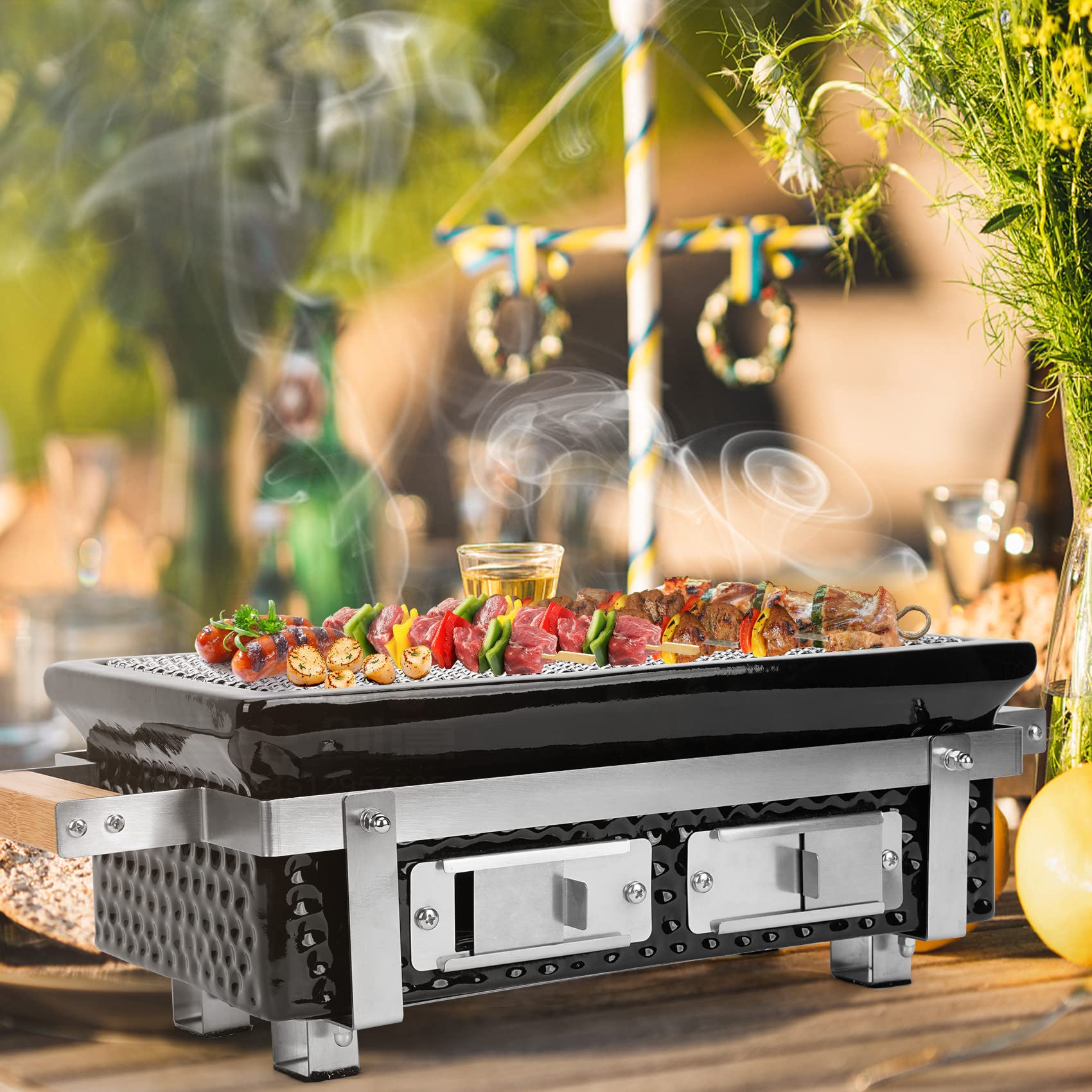 Onlyfire Barbecues à Charbon, Grille de Charbon en Céramique, Rectangulaire, Barbecue Charbon de Bois Portable, Hibachi Gril D'intérieur, Barbecue Camping