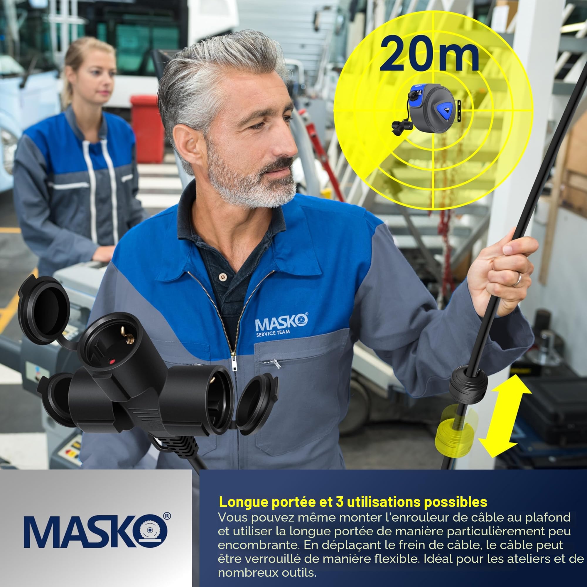 MASKO® Enrouleur de câble/tuyau automatique, 20 m, pour atelier, avec connecteur à 3 positions, rotatif à 180°, câble de 1,5 m, support mural, gants