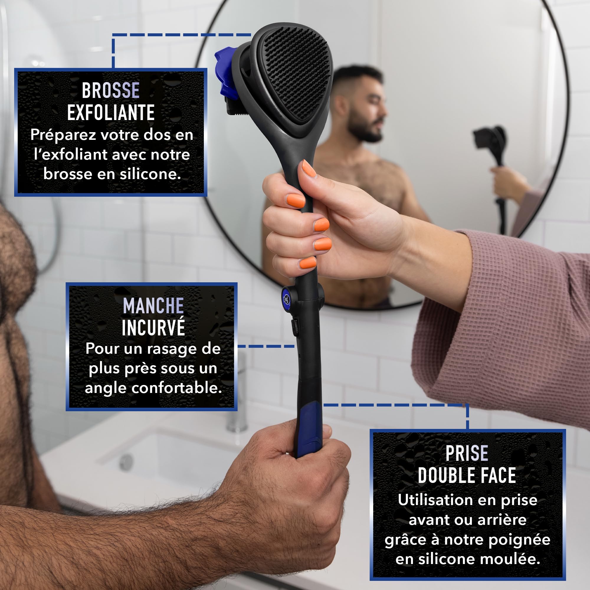 BakBlade 3.0 Stealth Rasoir Dorsal À Long Manche, Double Prise | Manche Ergonomique De 58 Cm, Brosse Exfoliante Incluse, 3 Rangées De Lames, Rasage Sec Ou Humide, Lames Dryglide