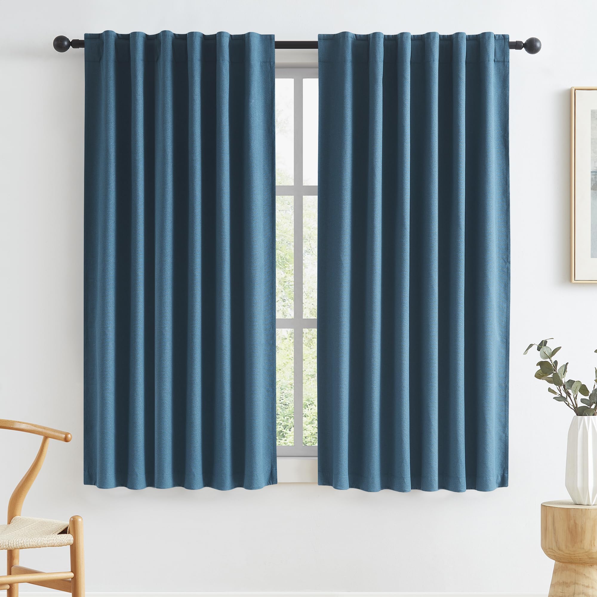 KEQIAOSUOCAI Linen Curtains, 2 Panels, Nautical Boho Farmhouse Decor, Noise Reducing, Thermal Insulated, for Boys' Bedroom, Loop Pocket, 50"W x 63"L, Denim Blue