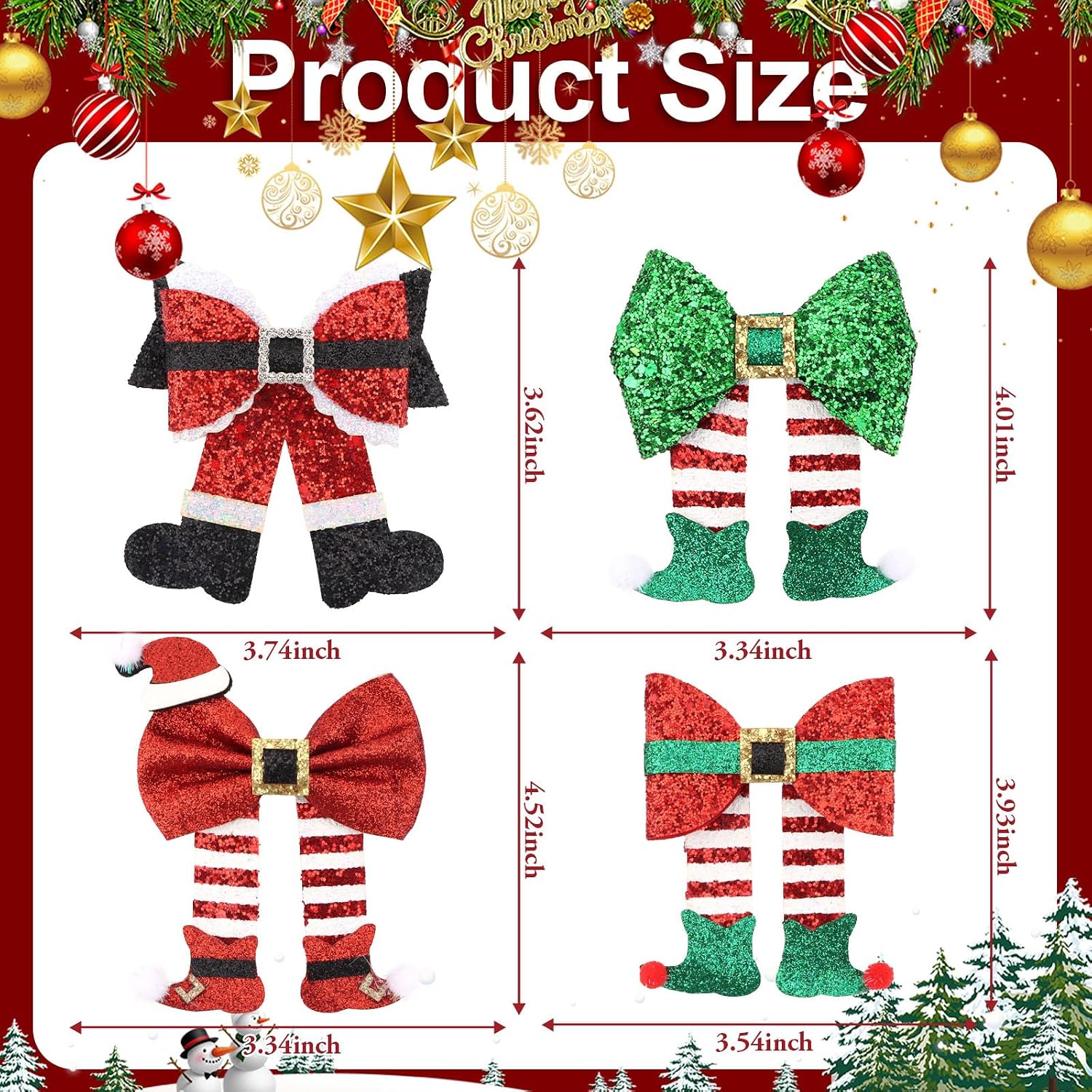 Semato 4 Pcs Christmas Hair Clips for Women and Girls Glitter Sequins Christmas Bow Clips Xmas Red and Green Glitter Hair Accessories Party Gifts for Women