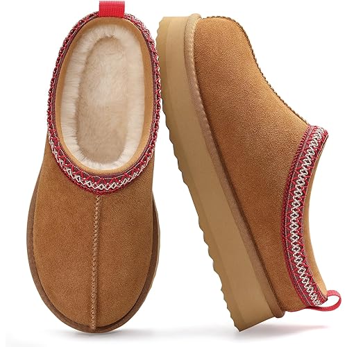 KIDMI Genuine Suede Platform Slippers for Women Fuzzy Winter Warm Shoes Indoor Outdoor