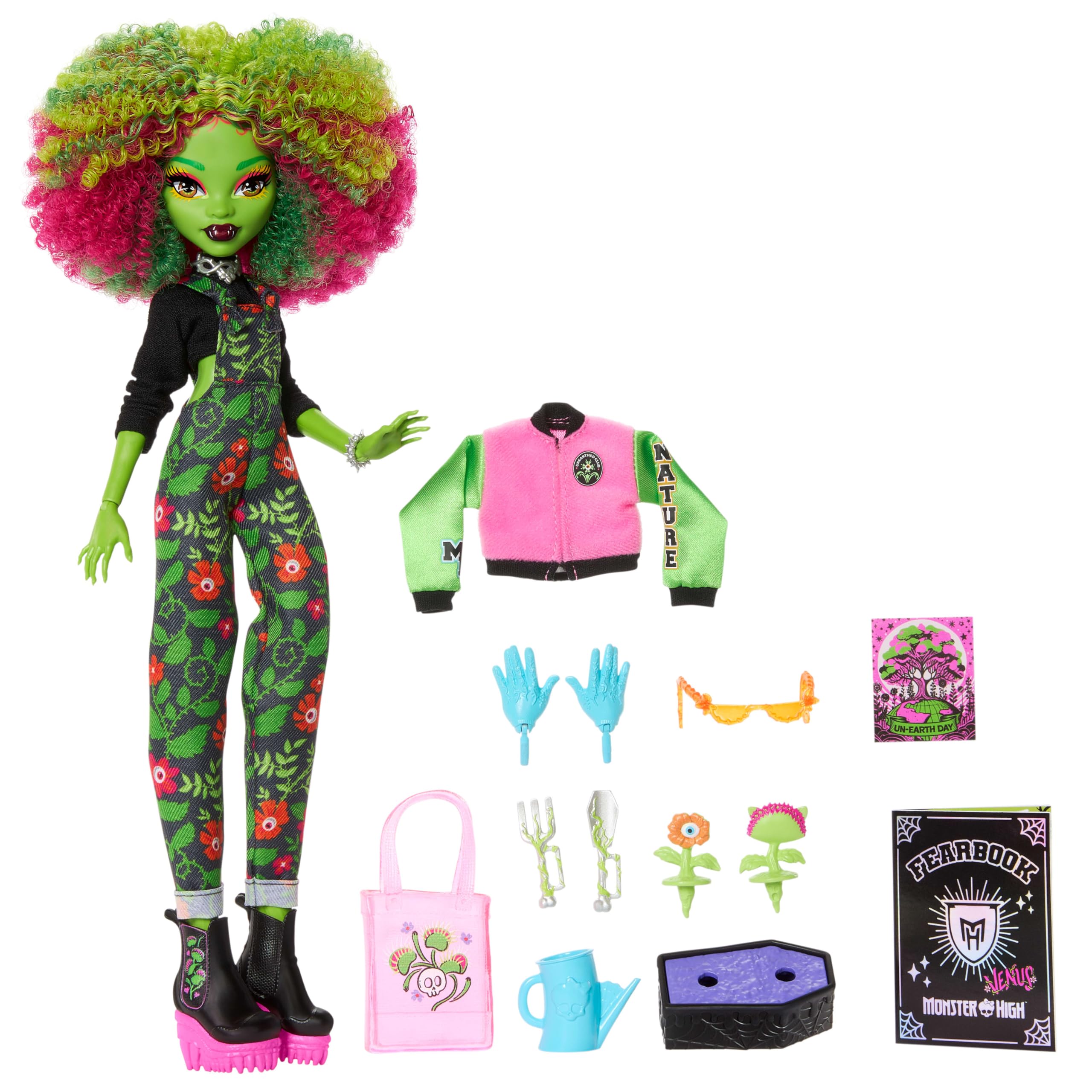Monster High Diario monstruoso Venus McFlytrap Conjunto de muñeca y accesorios con temática del club de jardinería horripilante con una chaqueta de estilo universitario, JDR59
