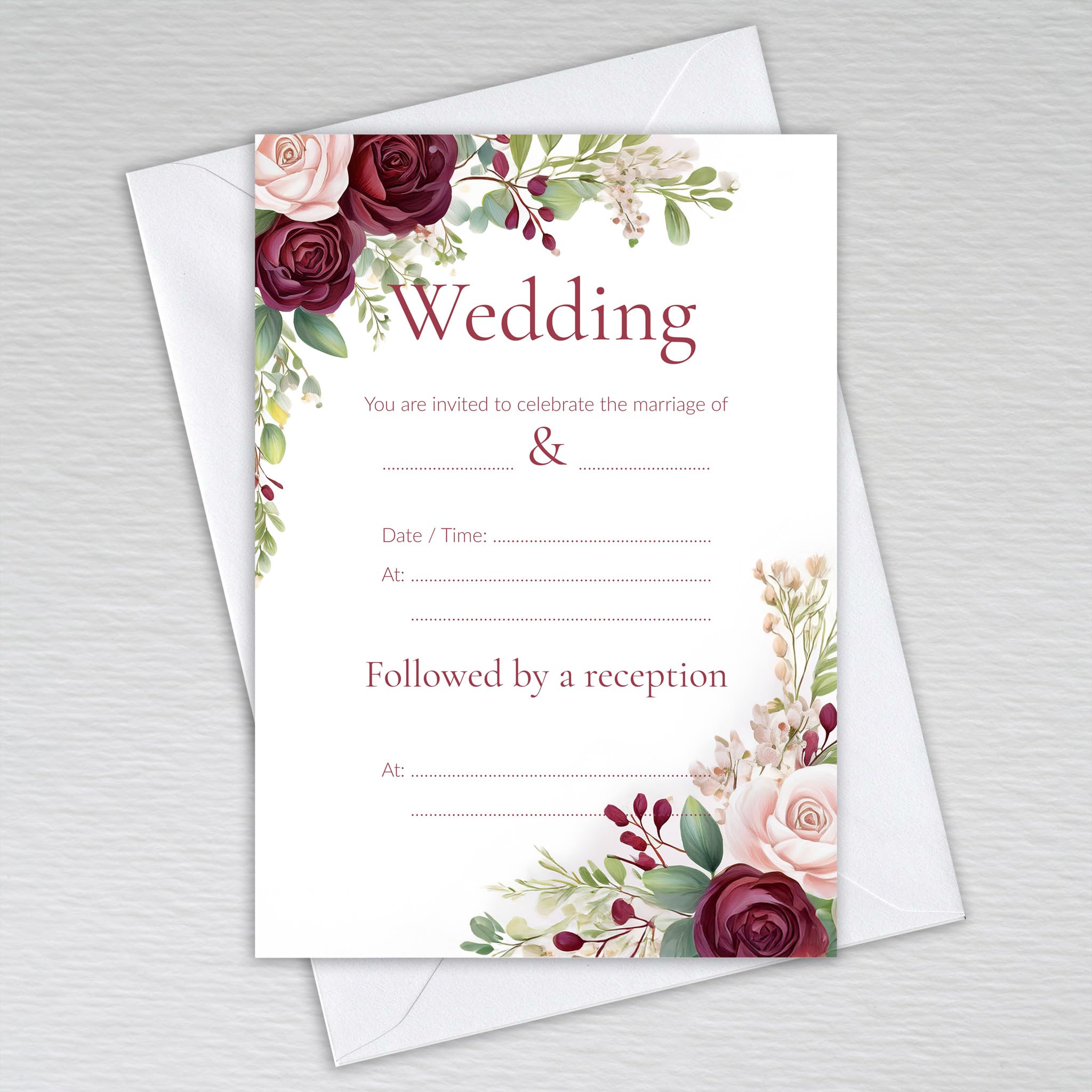 Webspectations Burgundy Wedding Invitations with Envelopes - Elegant Floral Rose & Eucalyptus Design with Burgundy & Maroon Tones, Wedding Invites (Pack of 20 with Envelopes)