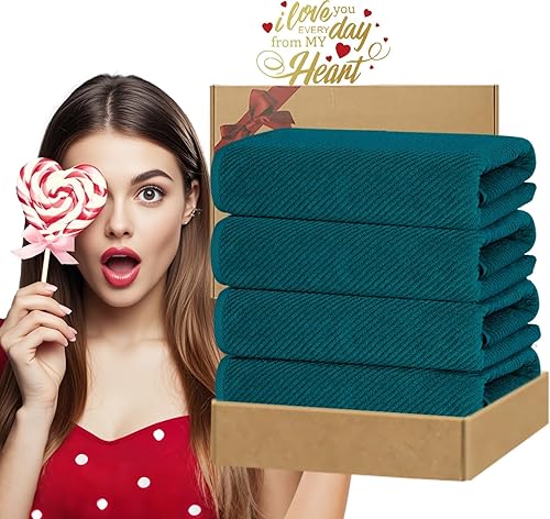 Miniatura 6 de VOOVA & MOVAS Juego de 4 toallas, grandes de 30 x 56 pulgadas, 100% algodón, gruesas, ligeras, suaves, absorbentes, de secado rápido, turquesa