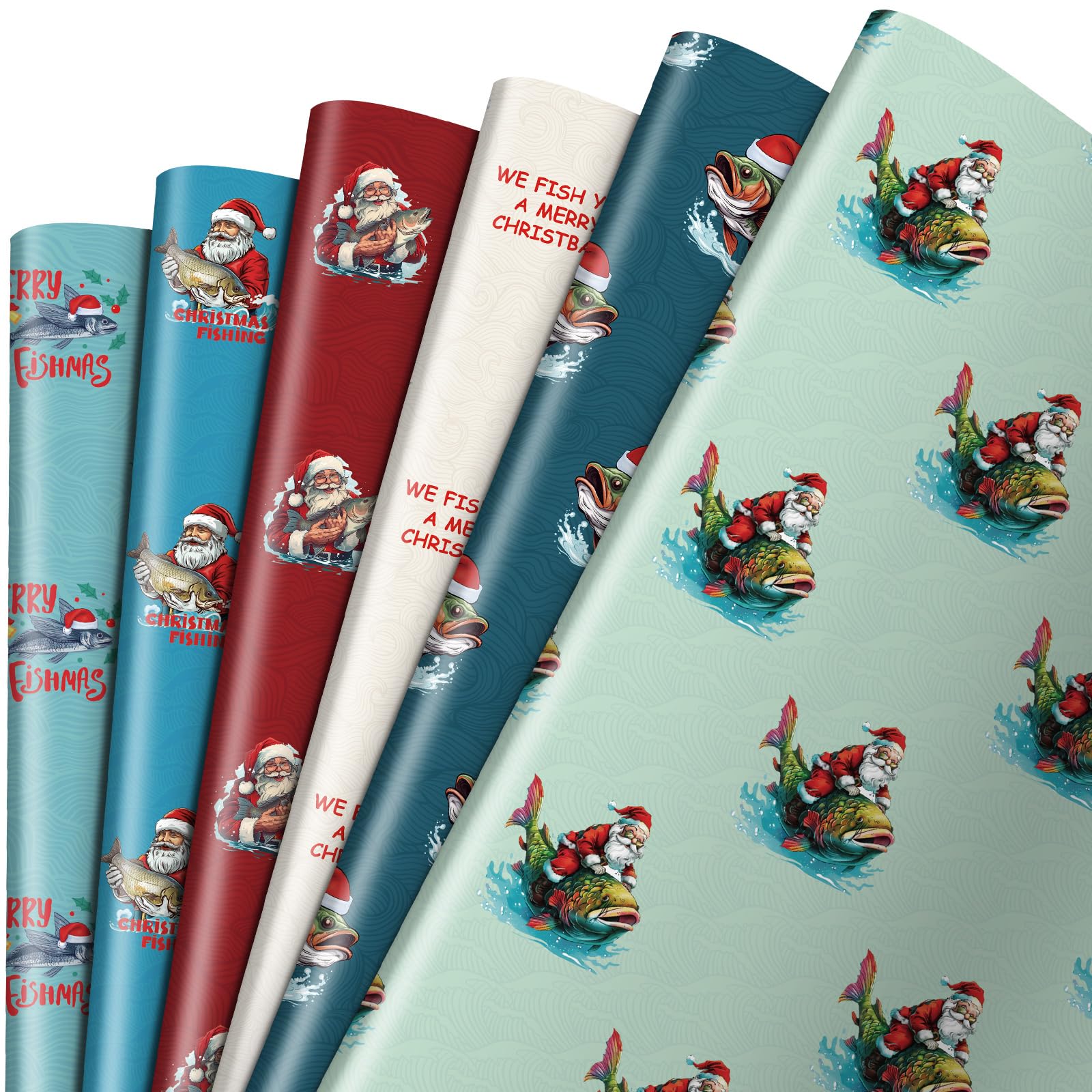 Watersay 12 Pcs Fishing Christmas Wrapping Paper Funny Santa Christmas Wrapping Paper Santa Fishermen Gift Wrap for Xmas Holiday Party Decoration craft — image 1