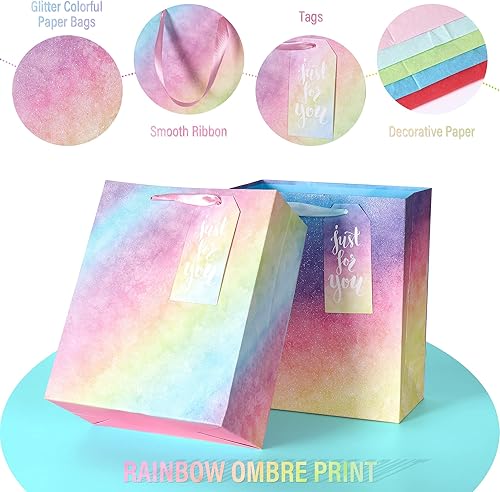 Miniatura 4 de Paquete de 4 bolsas de regalo con asas, bolsas de regalo de tamaño mediano degradado con purpurina con papel de seda, bolsa colorida de regalo para