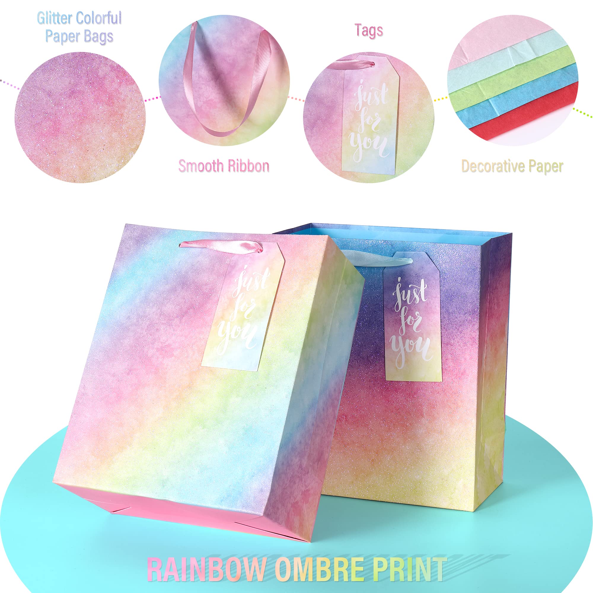 OLDASTUDY Geschenktüten, mittelgroß, mit Griffen, glitzernd, bunte Papiertüten mit Seidenpapier für Shopping, Partys, Weihnachten, Babypartys, Muttertag, 17,8 x 10,2 x 22,9 cm, 4 Stück