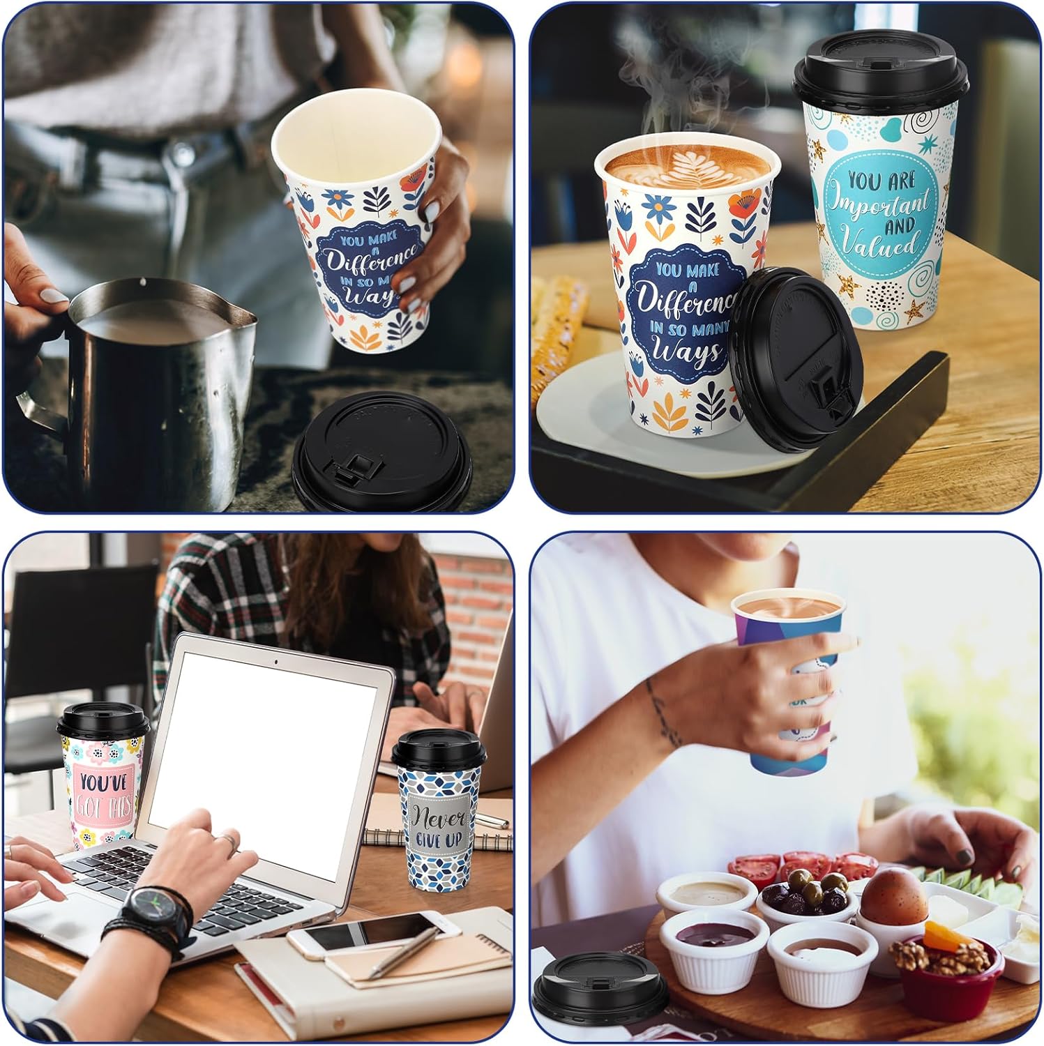 100 Pack 16 oz Disposable Coffee Cups with Lids,Motivational Paper Hot Cups with 5 Quotes for Hot and Cold Beverages,Coffee,Tea,Water,Juice - Image 5